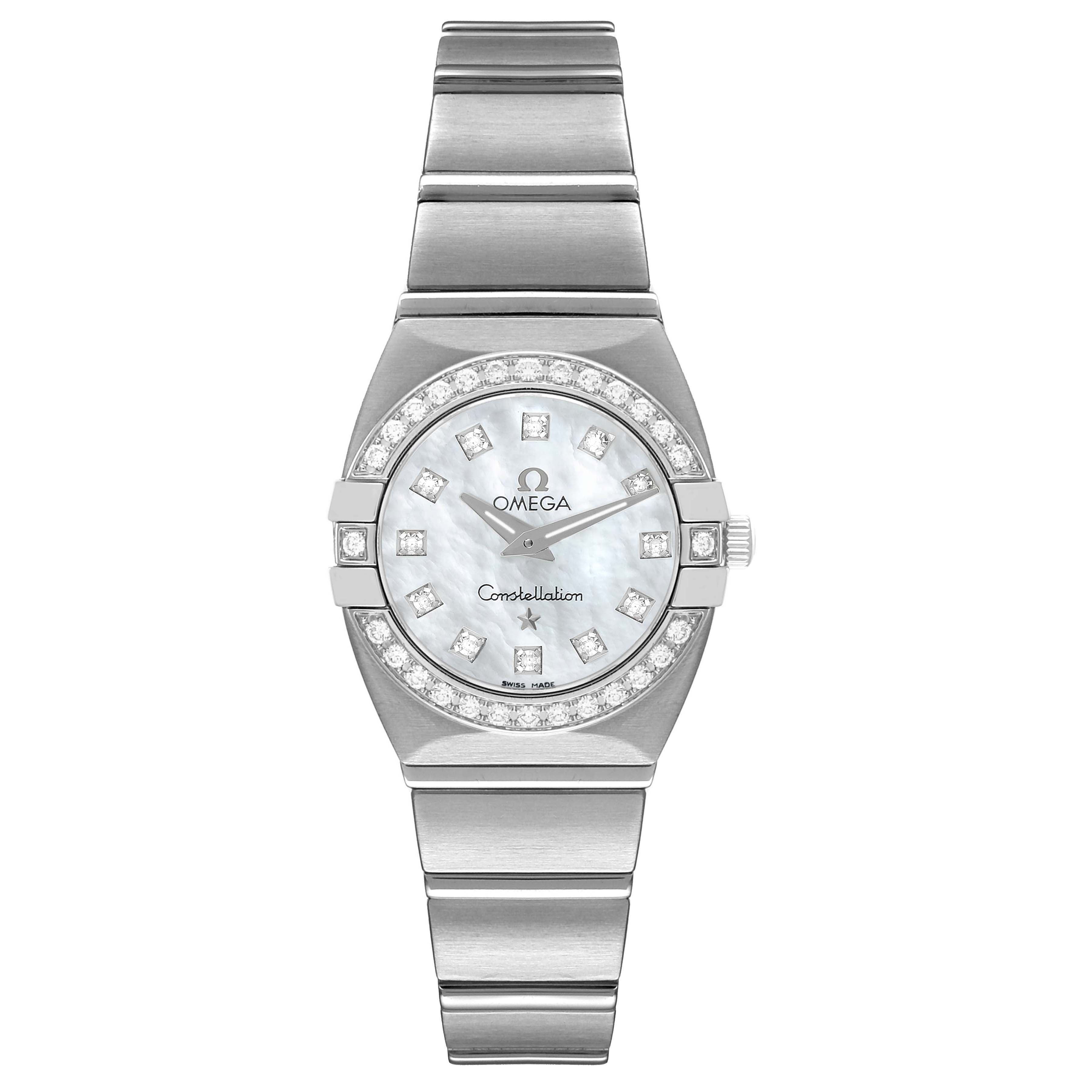 The image shows a frontal view of the Omega 123.15.24.60.57.001 Women
s Stainless Steel Mother of Pearl Dial 123.15.24.60.57.001 Women
s Stainless Steel Mother of Pearl Dial Constellation 24 MOP Diamond Ladies Watch 123.15.24.60.05.001.