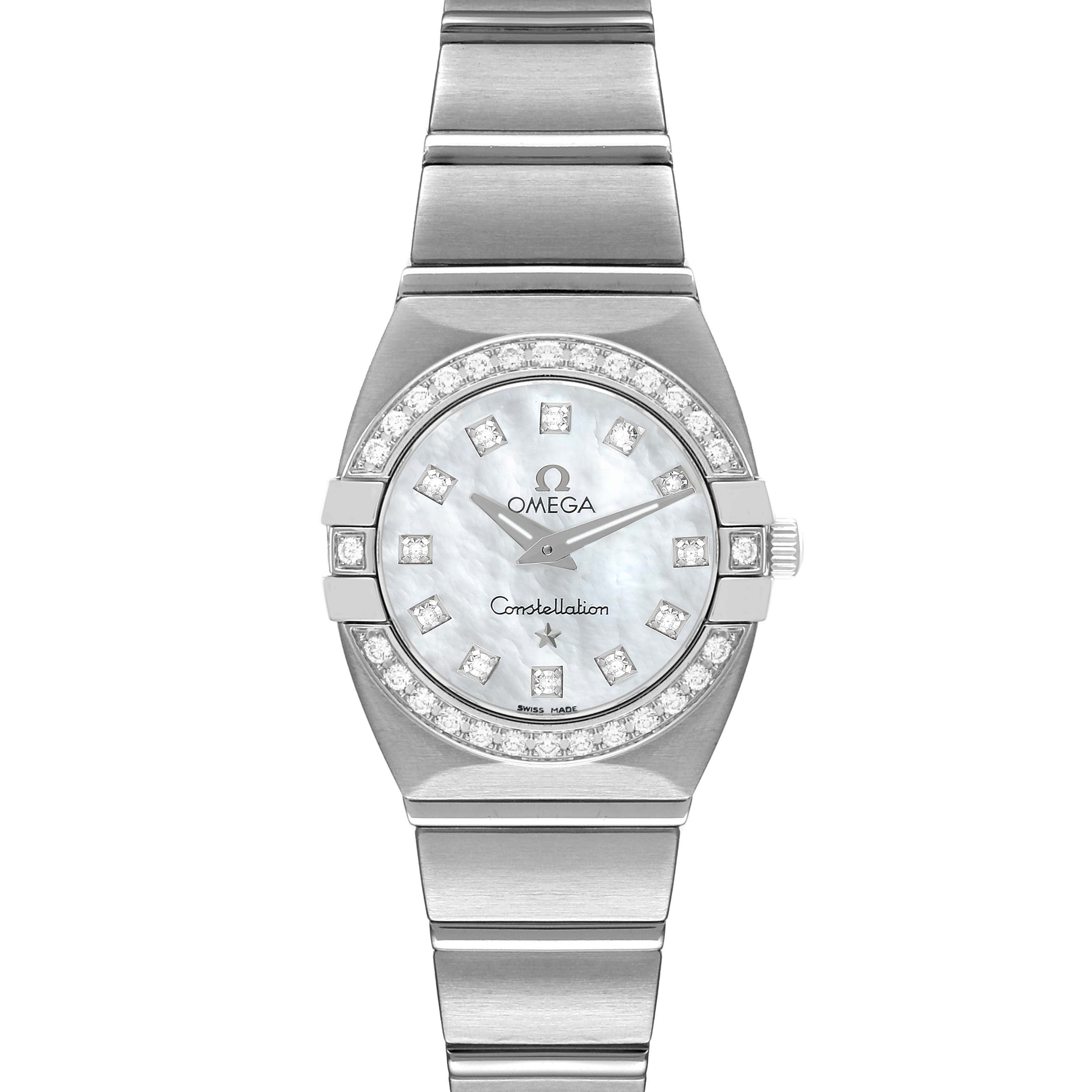 This image shows a front view of the Omega 123.15.24.60.57.001 Women
s Stainless Steel Mother of Pearl Dial 123.15.24.60.57.001 Women
s Stainless Steel Mother of Pearl Dial Constellation 24 MOP Diamond Ladies Watch, model 123.15.24.60.05.001.