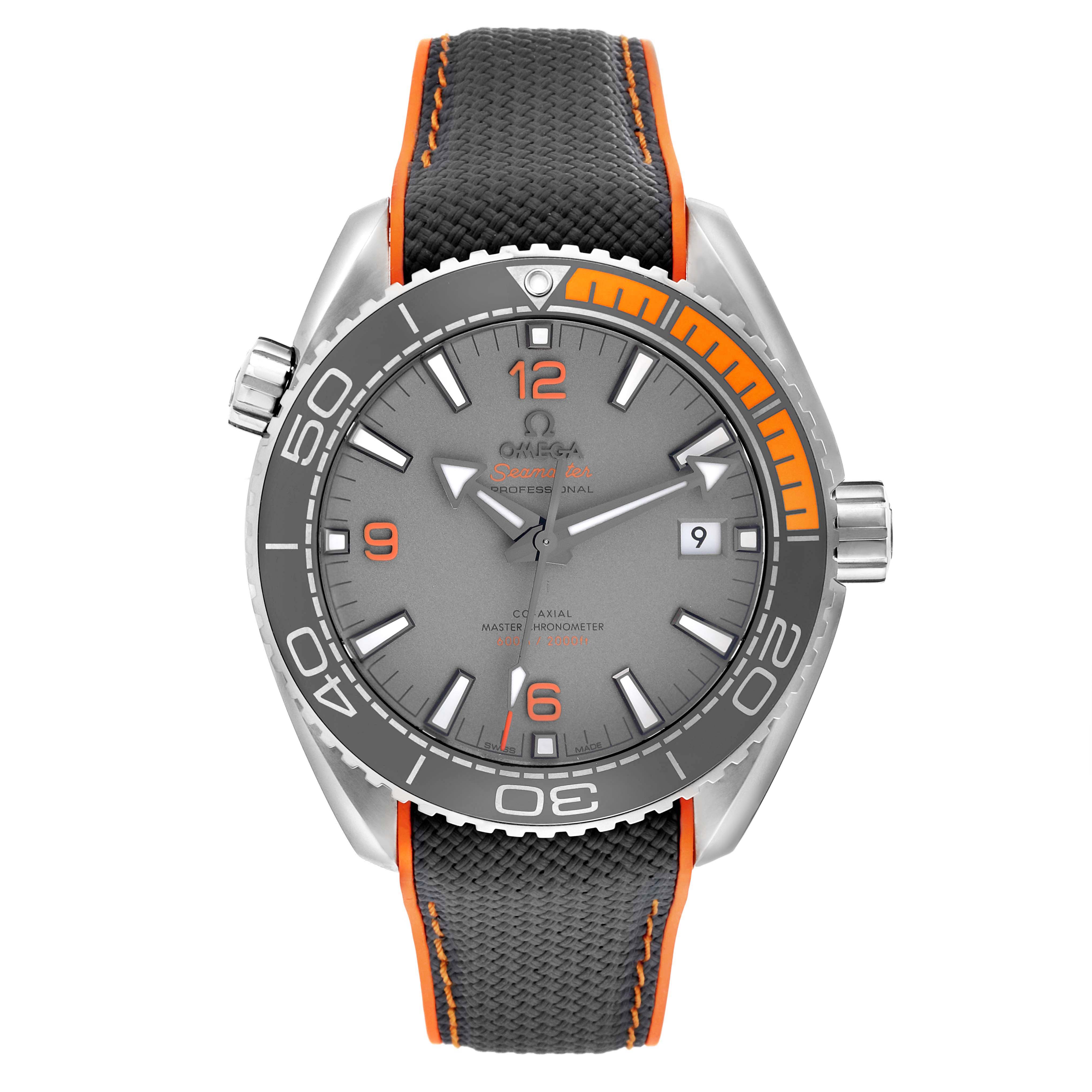 The image shows a front view of the Omega Planet Ocean 215.92.44.21.99.001 Men
s Titanium Grey Dial 215.92.44.21.99.001 Men
s Titanium Grey Dial watch, highlighting the grey dial, orange accents, and strap.