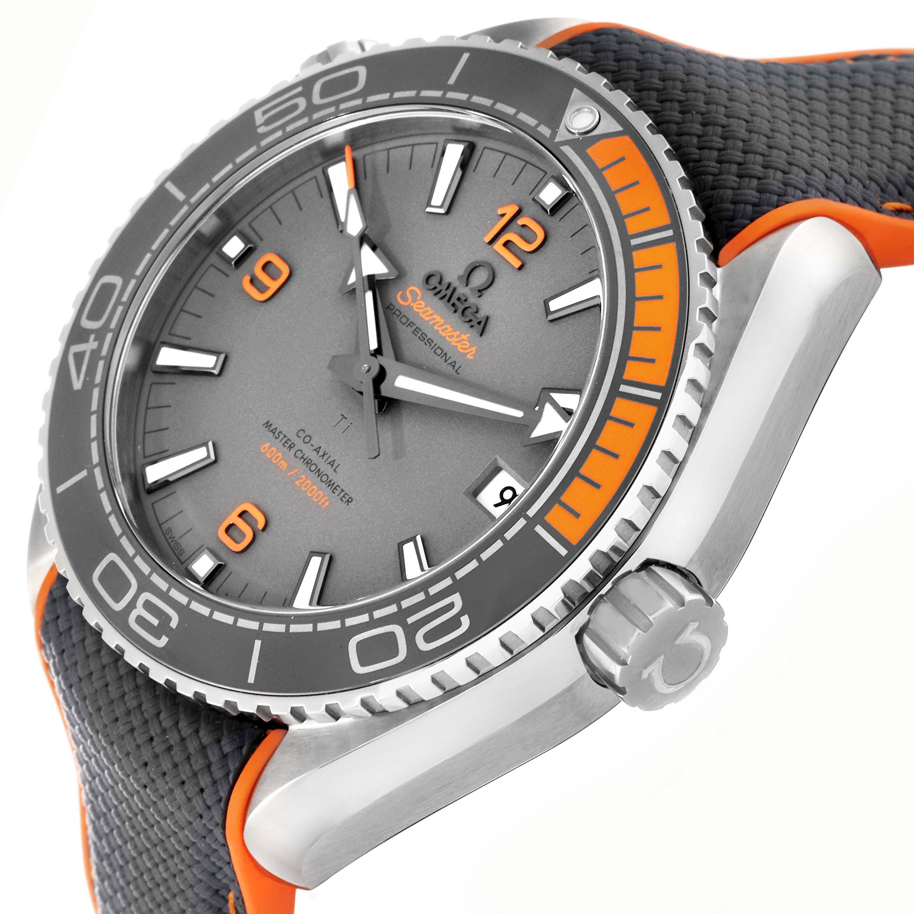 The Omega Planet Ocean 215.92.44.21.99.001 Men
s Titanium Grey Dial 215.92.44.21.99.001 Men
s Titanium Grey Dial watch is shown at a tilted angle, highlighting the bezel, dial, and part of the strap.