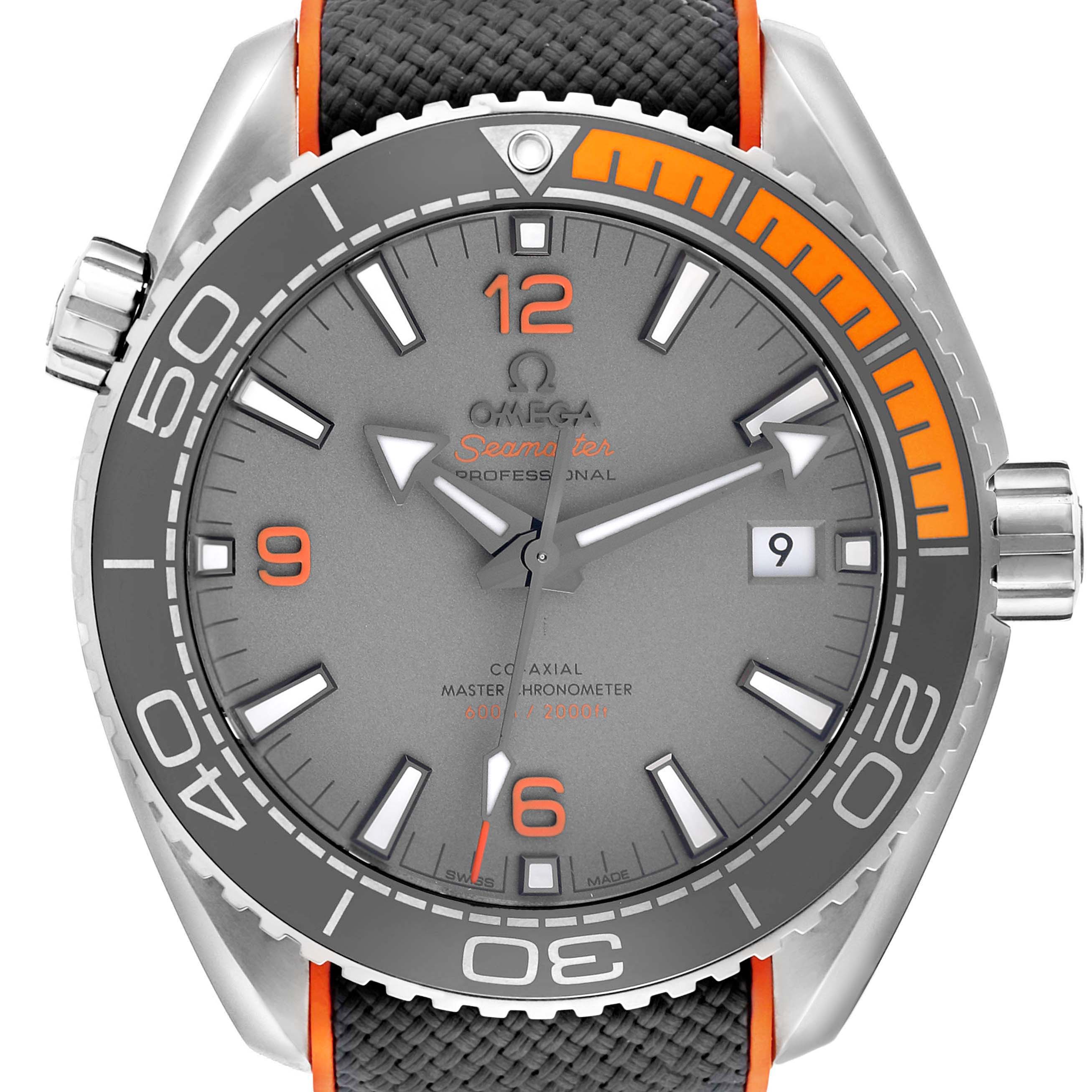 The Omega Planet Ocean 215.92.44.21.99.001 Men
s Titanium Grey Dial 215.92.44.21.99.001 Men
s Titanium Grey Dial watch is shown from the front, highlighting its gray dial, orange accents, and textured strap.