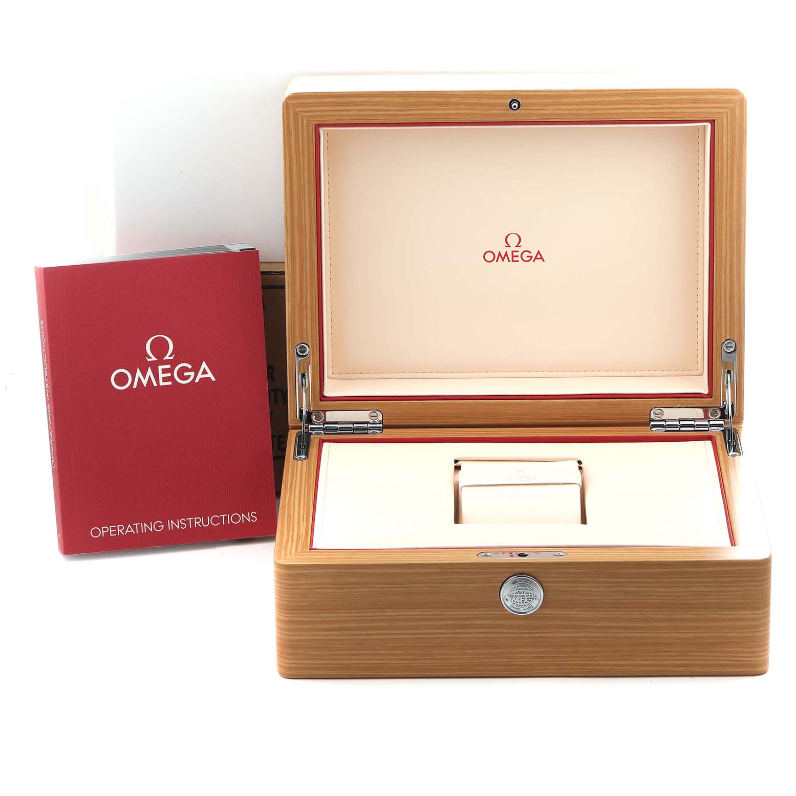 The image shows the open box and manual for the Omega Planet Ocean 215.92.44.21.99.001 Men
s Titanium Grey Dial 215.92.44.21.99.001 Men
s Titanium Grey Dial, highlighting its packaging and branding.