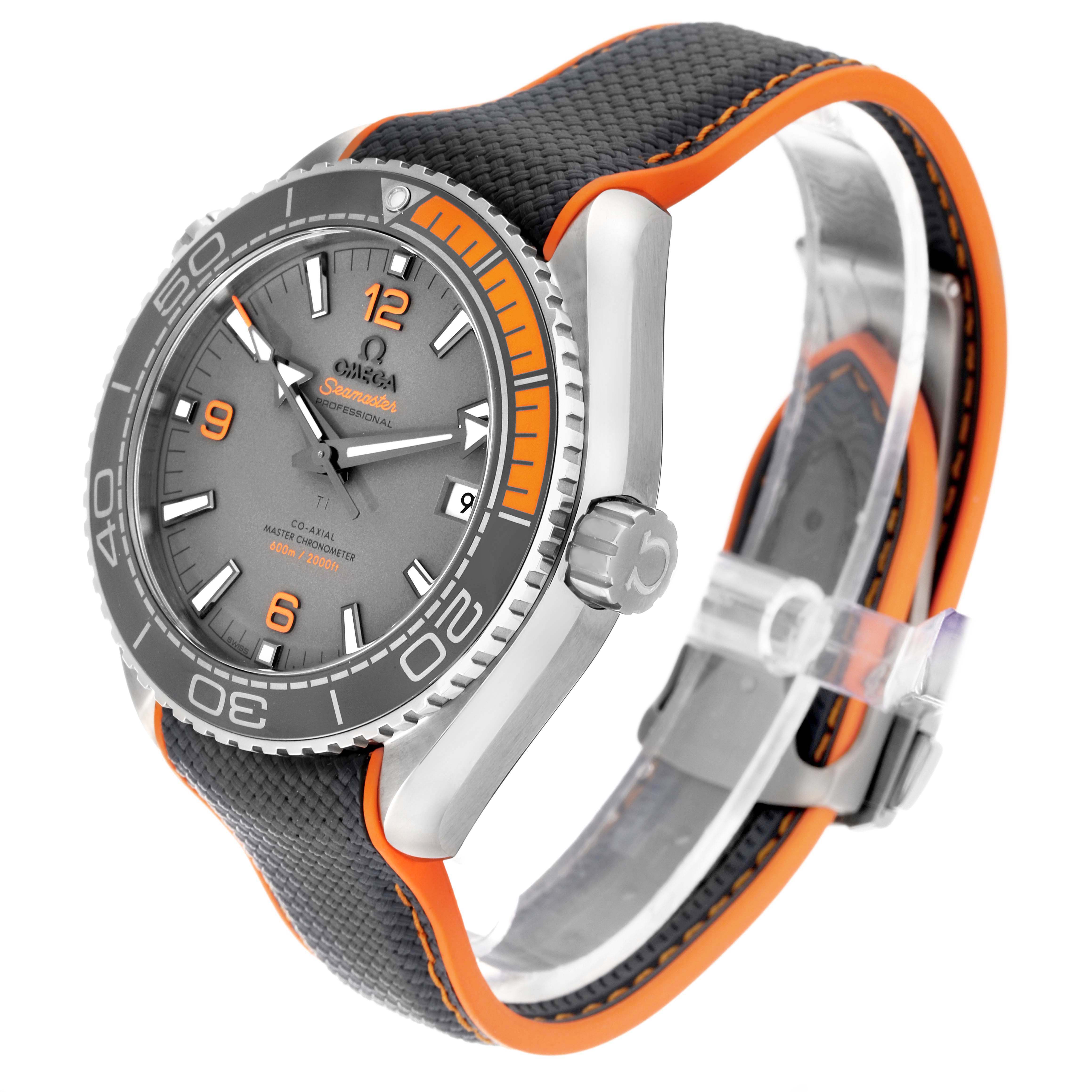 The Omega Planet Ocean 215.92.44.21.99.001 Men
s Titanium Grey Dial 215.92.44.21.99.001 Men
s Titanium Grey Dial watch is shown at a three-quarter angle, highlighting the bezel, crown, and orange-accented strap.