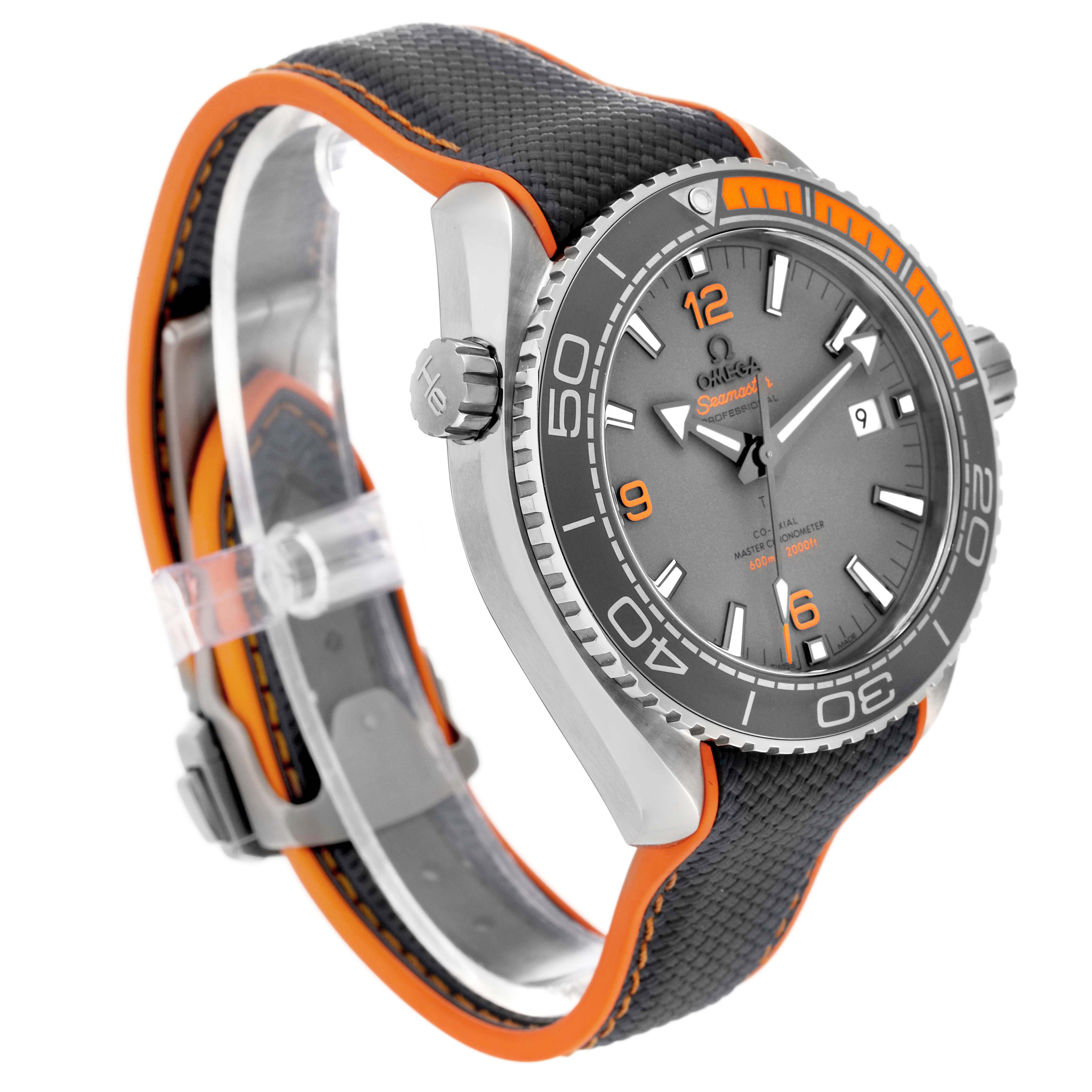 The Omega Planet Ocean 215.92.44.21.99.001 Men
s Titanium Grey Dial 215.92.44.21.99.001 Men
s Titanium Grey Dial watch is shown from a front angle, featuring the dial, bezel, crown, and strap.