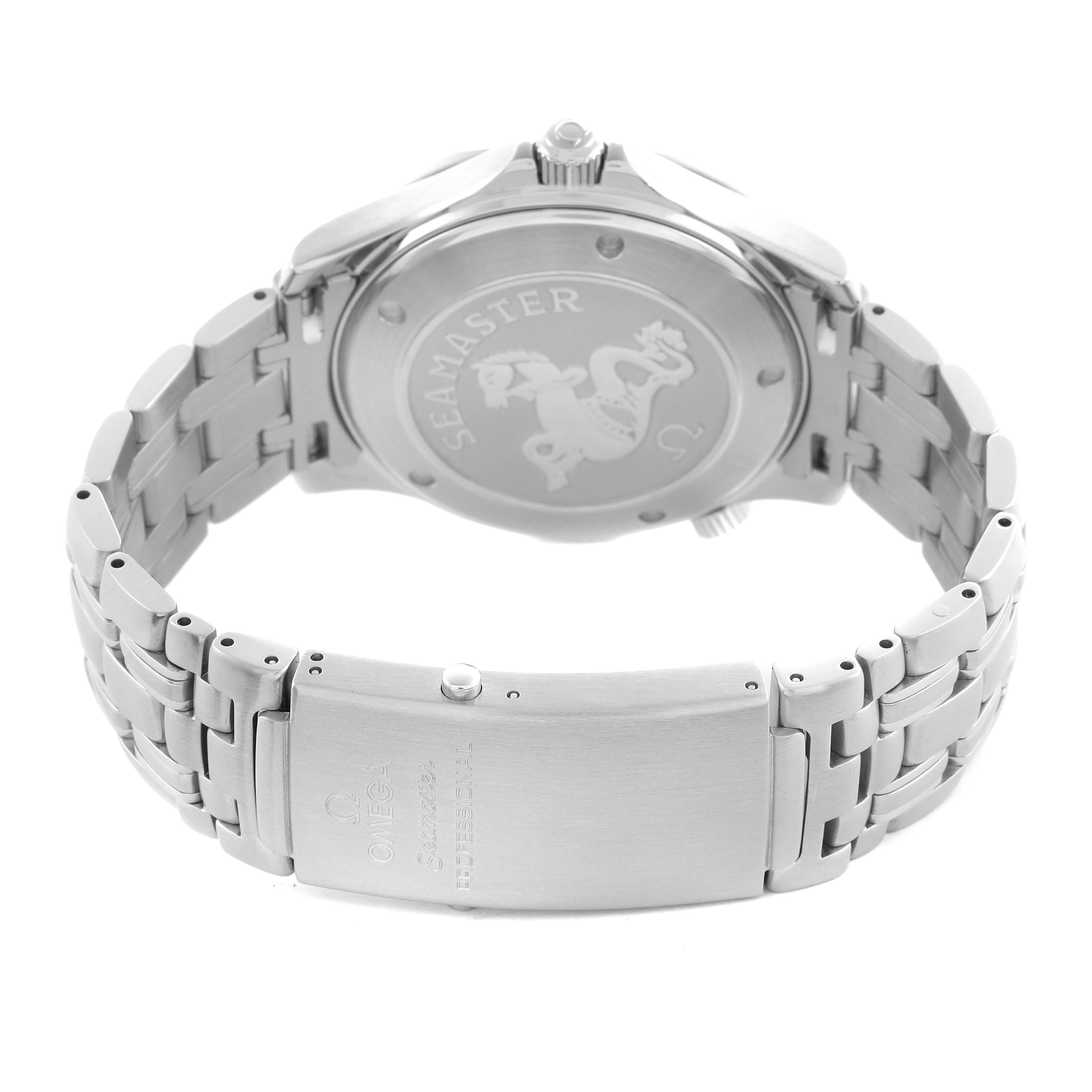 The image shows the back case and bracelet clasp of an Omega Seamaster 2221.80.00 Men's Stainless Steel Blue Dial 2221.80.00 Men's Stainless Steel Blue Dial watch from a rear angle.