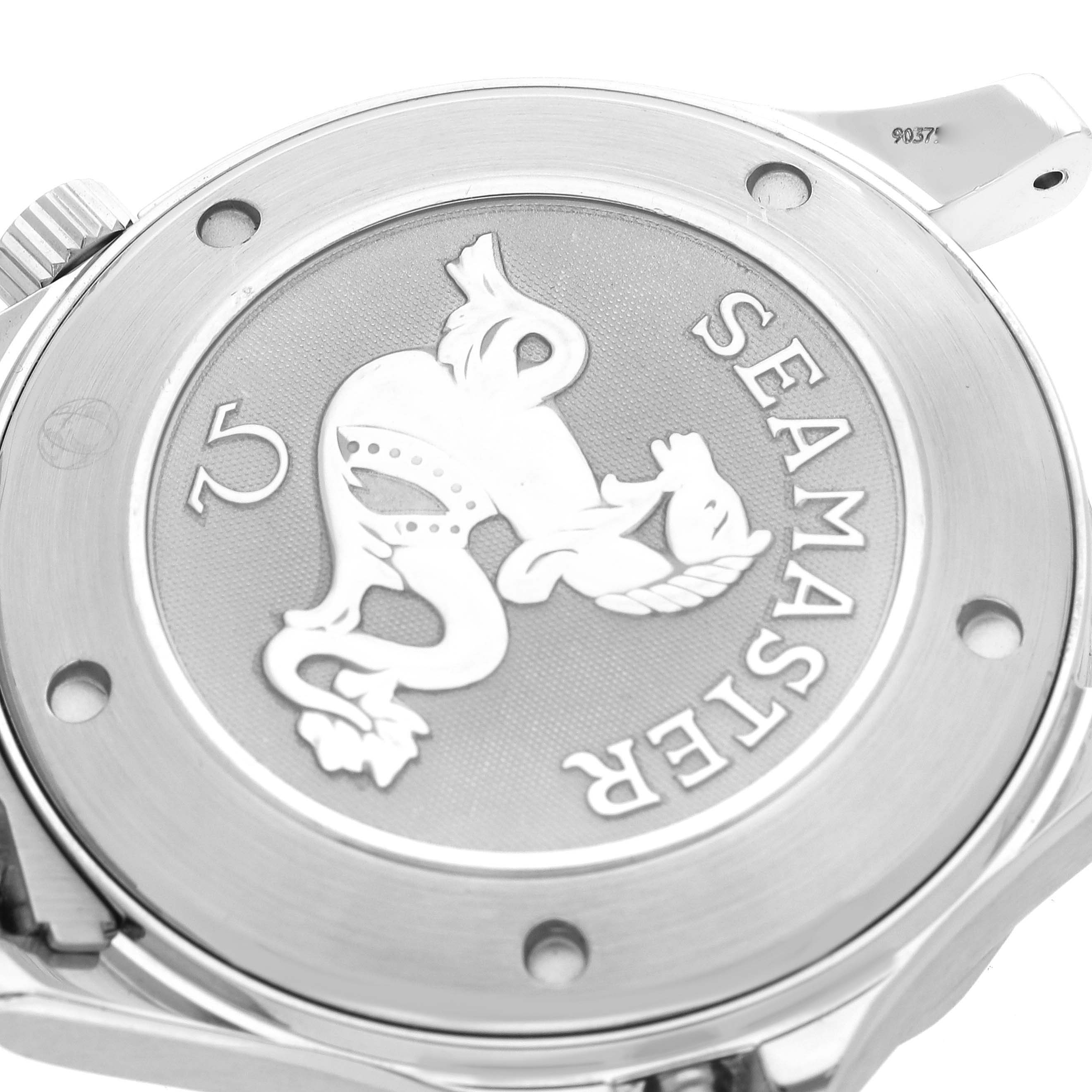 The image shows the case back of an Omega Seamaster 2221.80.00 Men's Stainless Steel Blue Dial 2221.80.00 Men's Stainless Steel Blue Dial watch, featuring the Seamaster logo in an angled close-up.