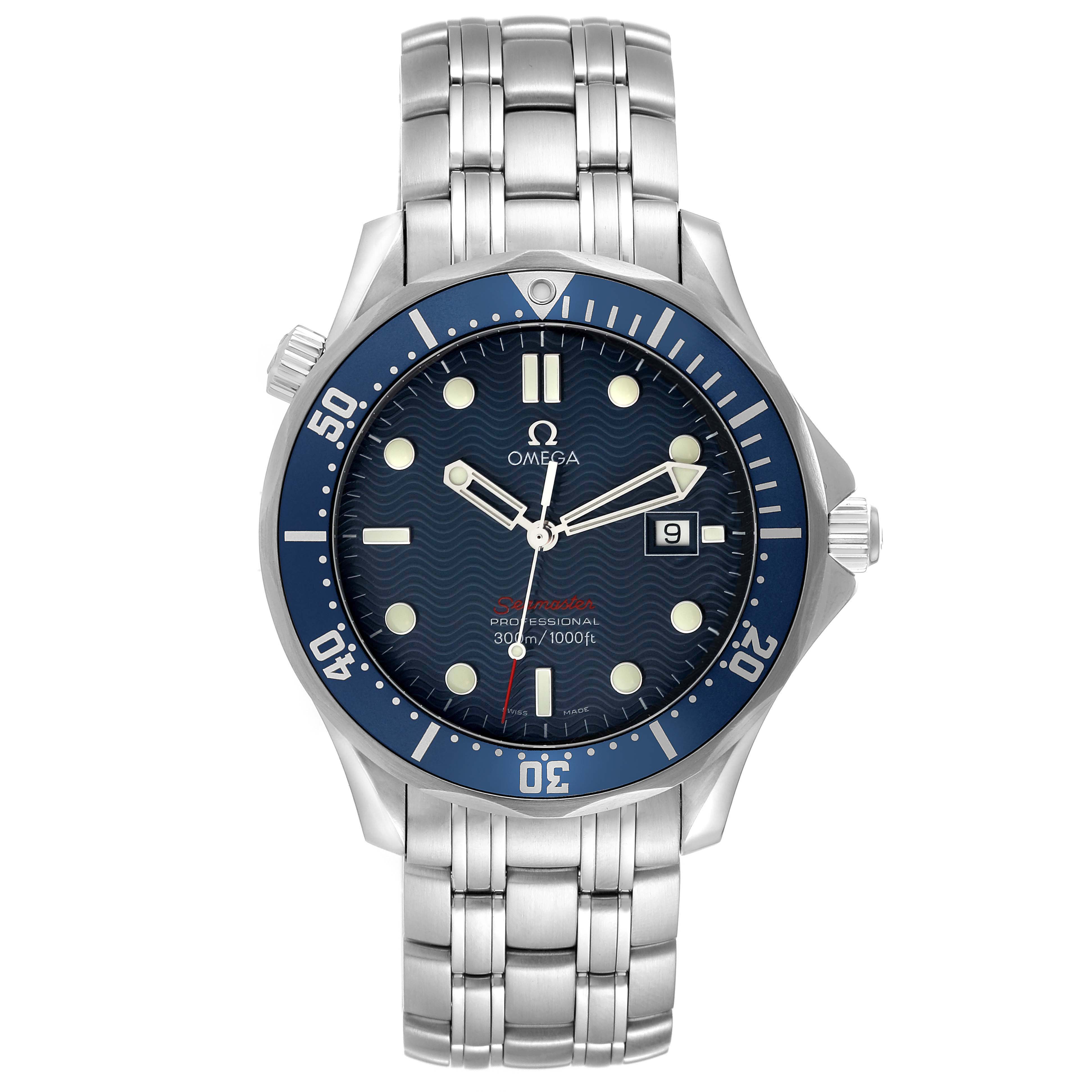 The Omega Seamaster 2221.80.00 Men's Stainless Steel Blue Dial 2221.80.00 Men's Stainless Steel Blue Dial watch is shown from a front angle, displaying the face, bezel, and stainless steel bracelet.