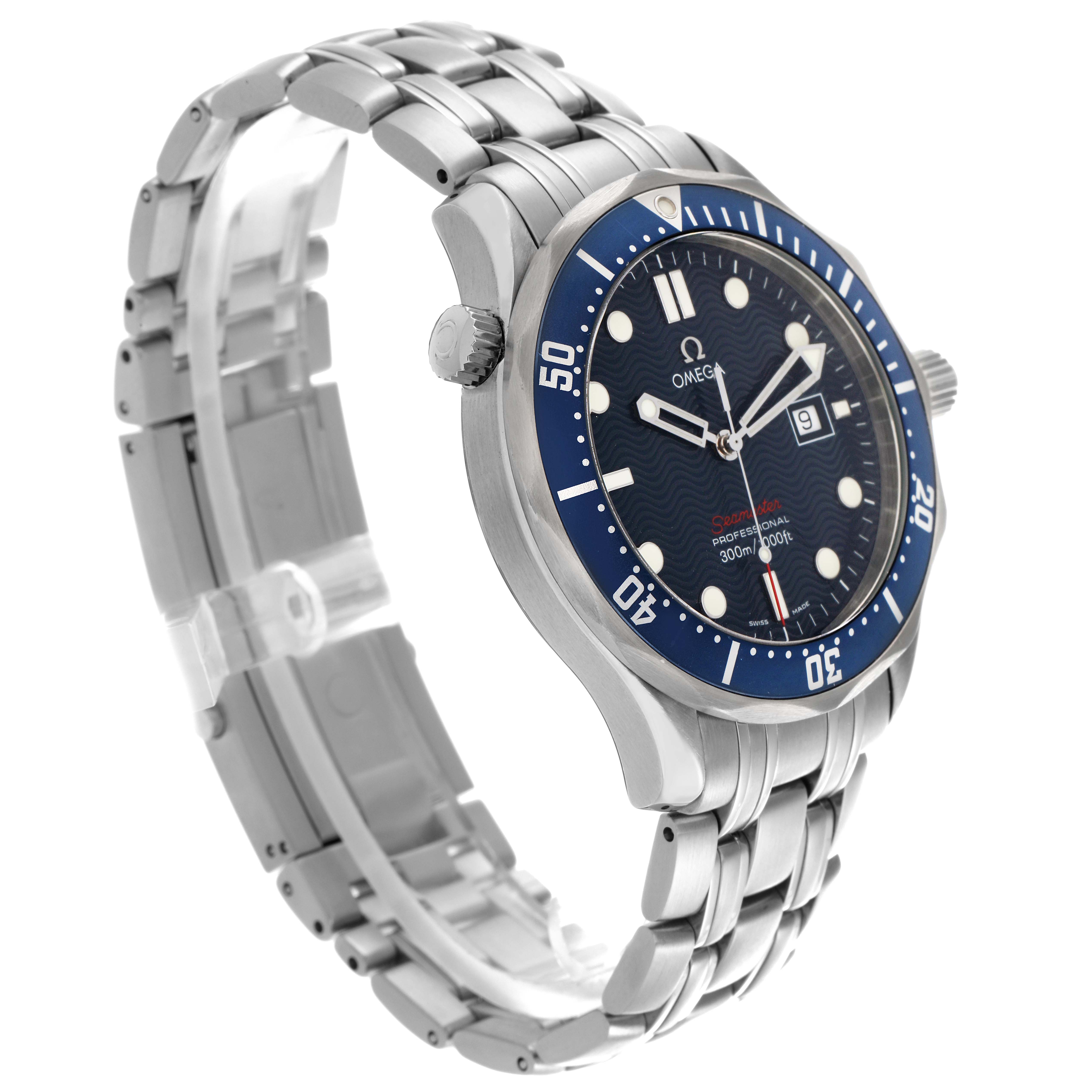 The Omega Seamaster 2221.80.00 Men's Stainless Steel Blue Dial 2221.80.00 Men's Stainless Steel Blue Dial watch is shown at an angled side view, displaying the bracelet, bezel, crown, and dial.