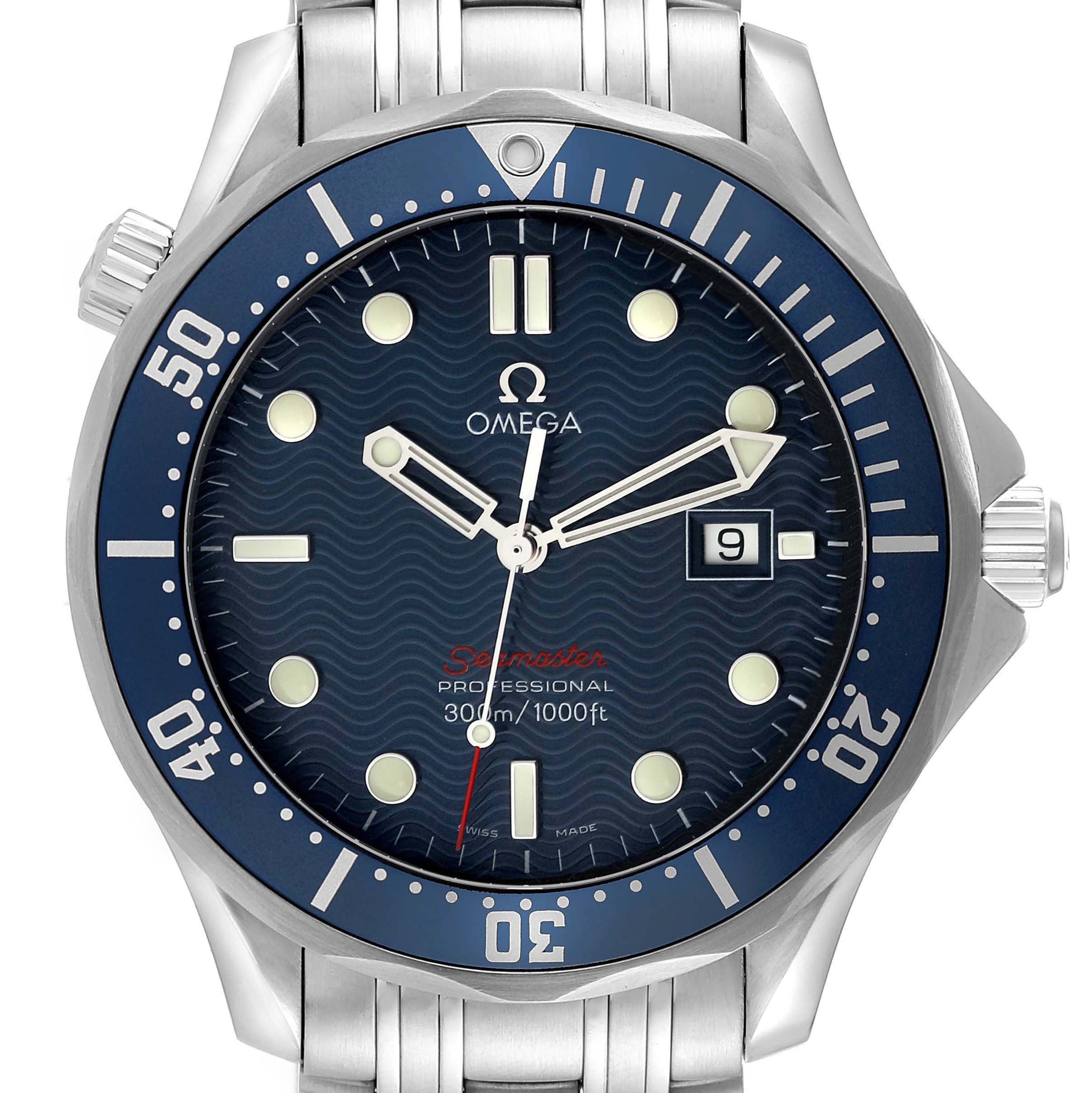 The Omega Seamaster 2221.80.00 Men's Stainless Steel Blue Dial 2221.80.00 Men's Stainless Steel Blue Dial watch is shown from the front, highlighting the dial, bezel, crown, and part of the bracelet.