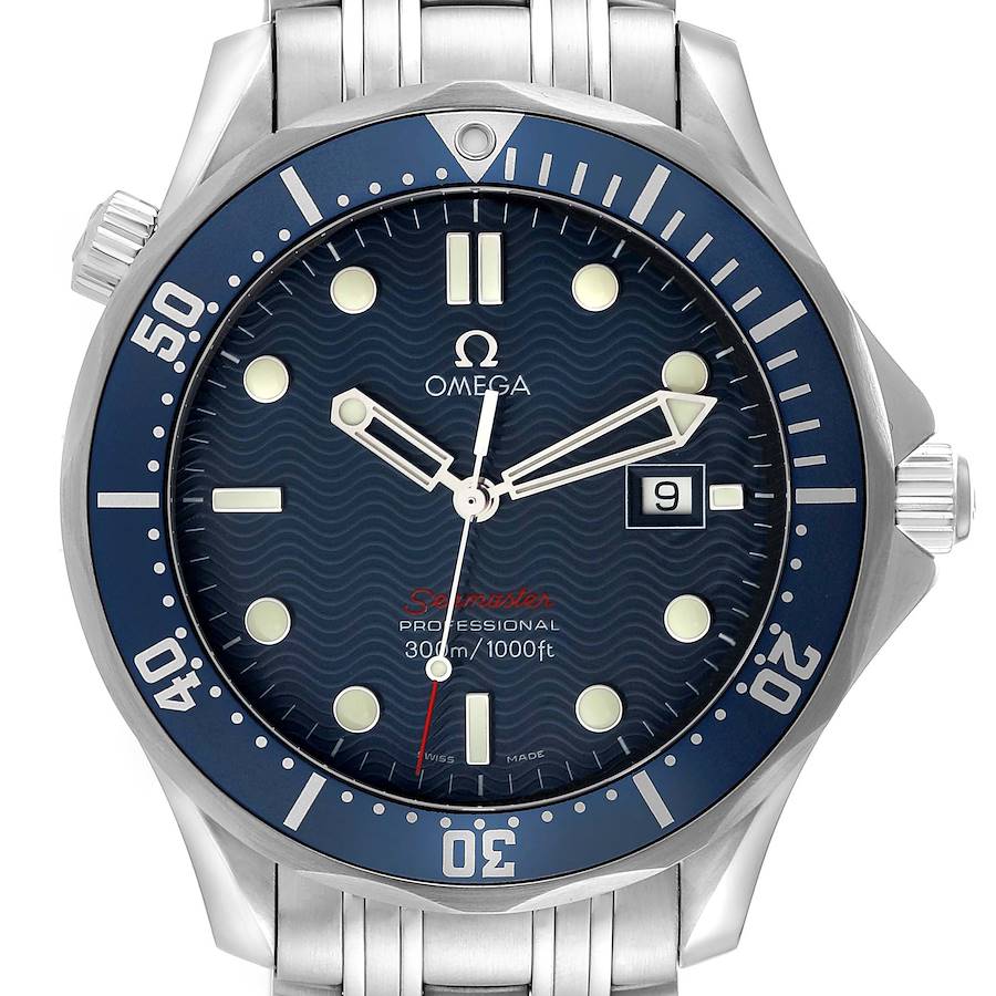 The Omega Seamaster watch is shown from the front, highlighting the dial, bezel, crown, and part of the bracelet.