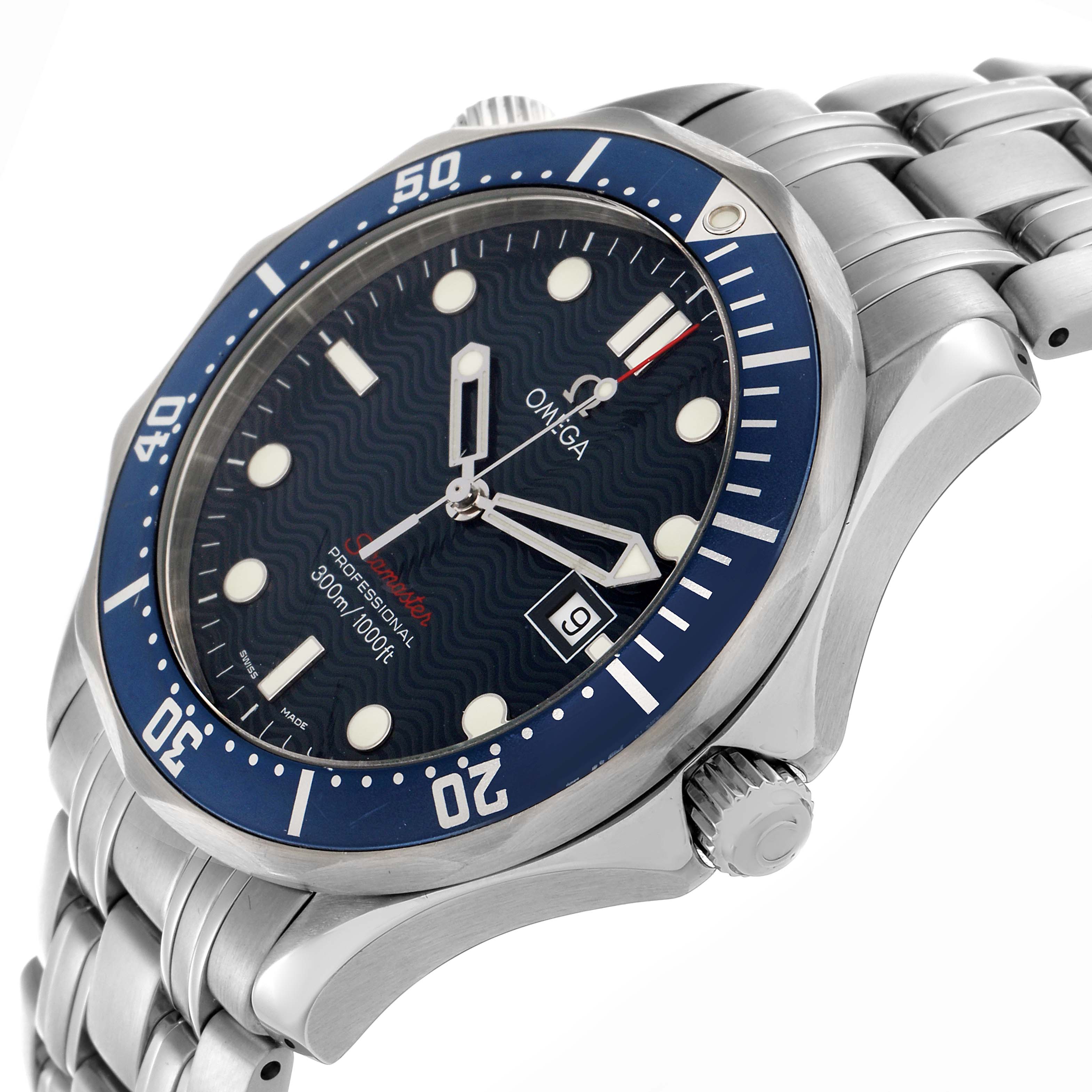 The Omega Seamaster 2221.80.00 Men's Stainless Steel Blue Dial 2221.80.00 Men's Stainless Steel Blue Dial watch is shown from a three-quarter angle, highlighting its bezel, bracelet, and side crown.