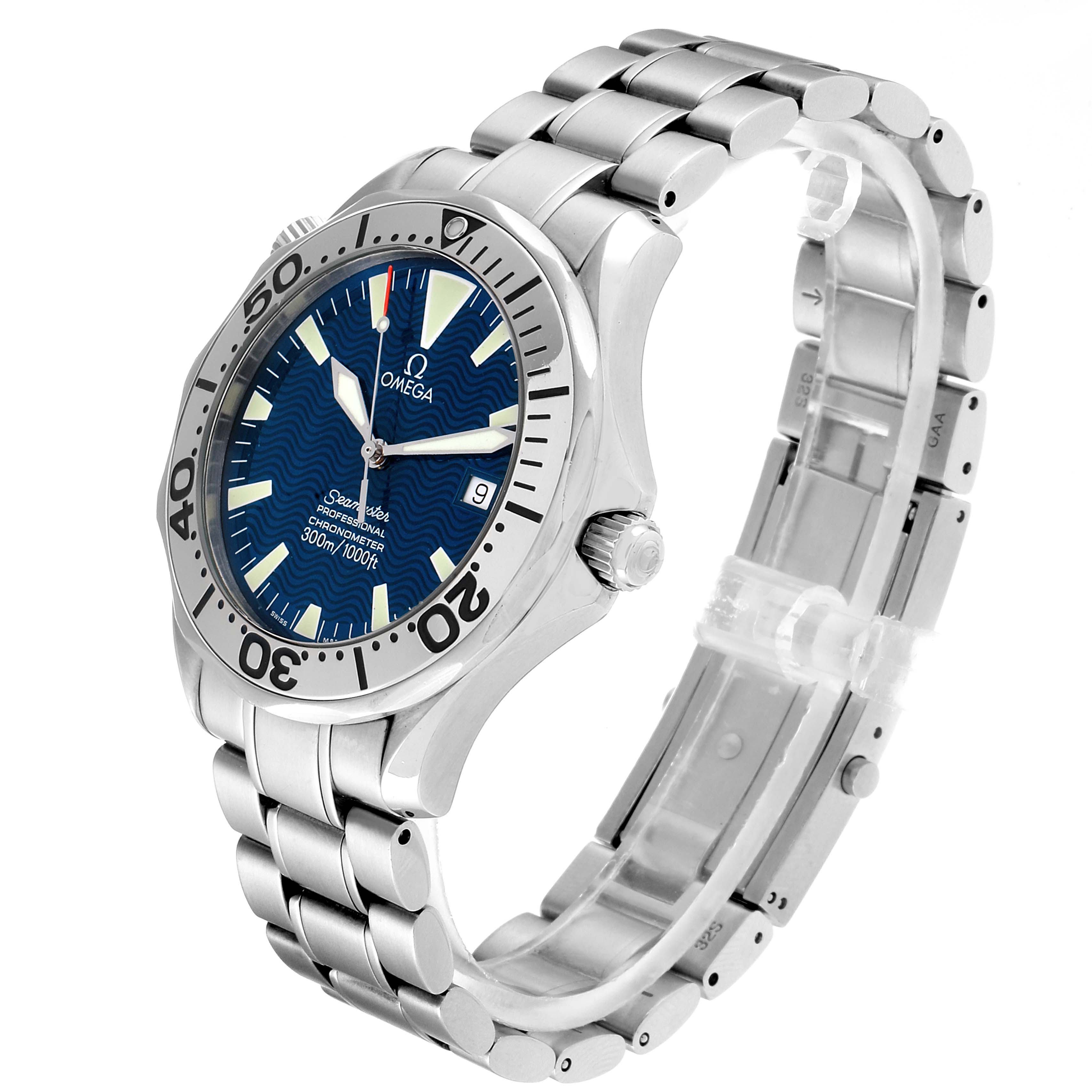 The image shows an angled side view of an Omega Seamaster 2255.80.00 Men
s Stainless Steel Blue Dial 2255.80.00 Men
s Stainless Steel Blue Dial watch, highlighting the dial, bezel, crown, and stainless steel bracelet.