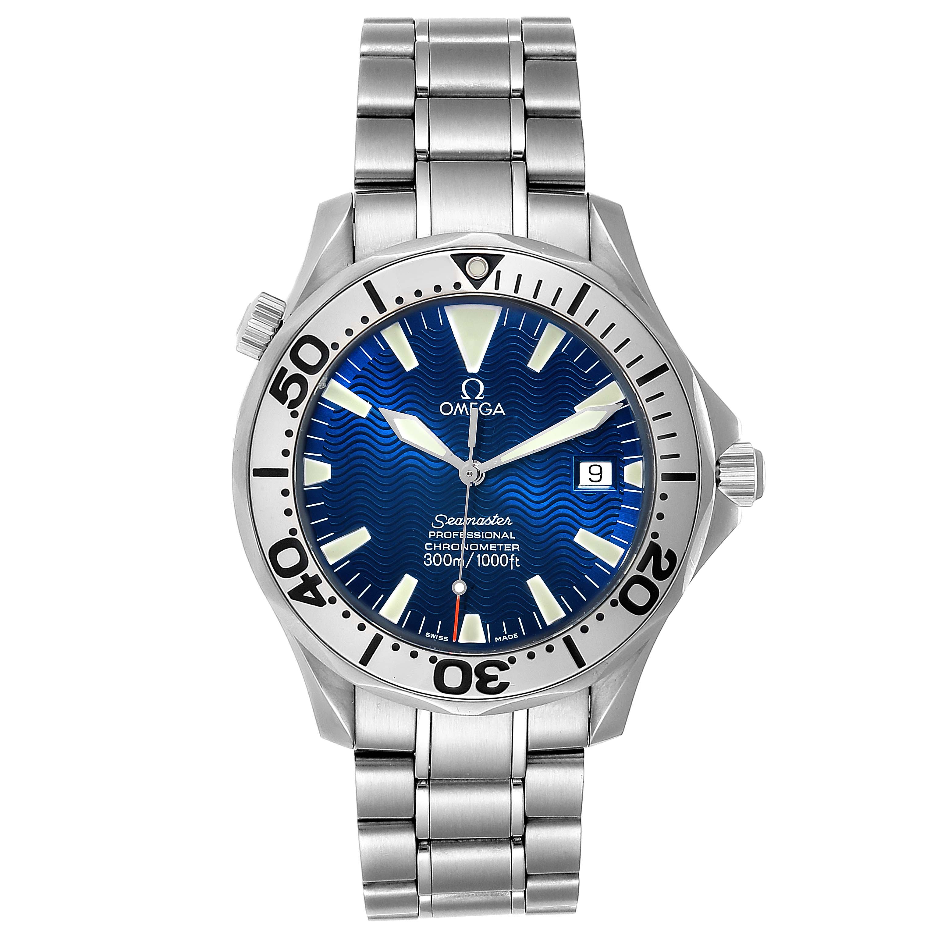 The image shows a front view of the Omega Seamaster 2255.80.00 Men
s Stainless Steel Blue Dial 2255.80.00 Men
s Stainless Steel Blue Dial watch, highlighting its face, bezel, hands, and metal bracelet.