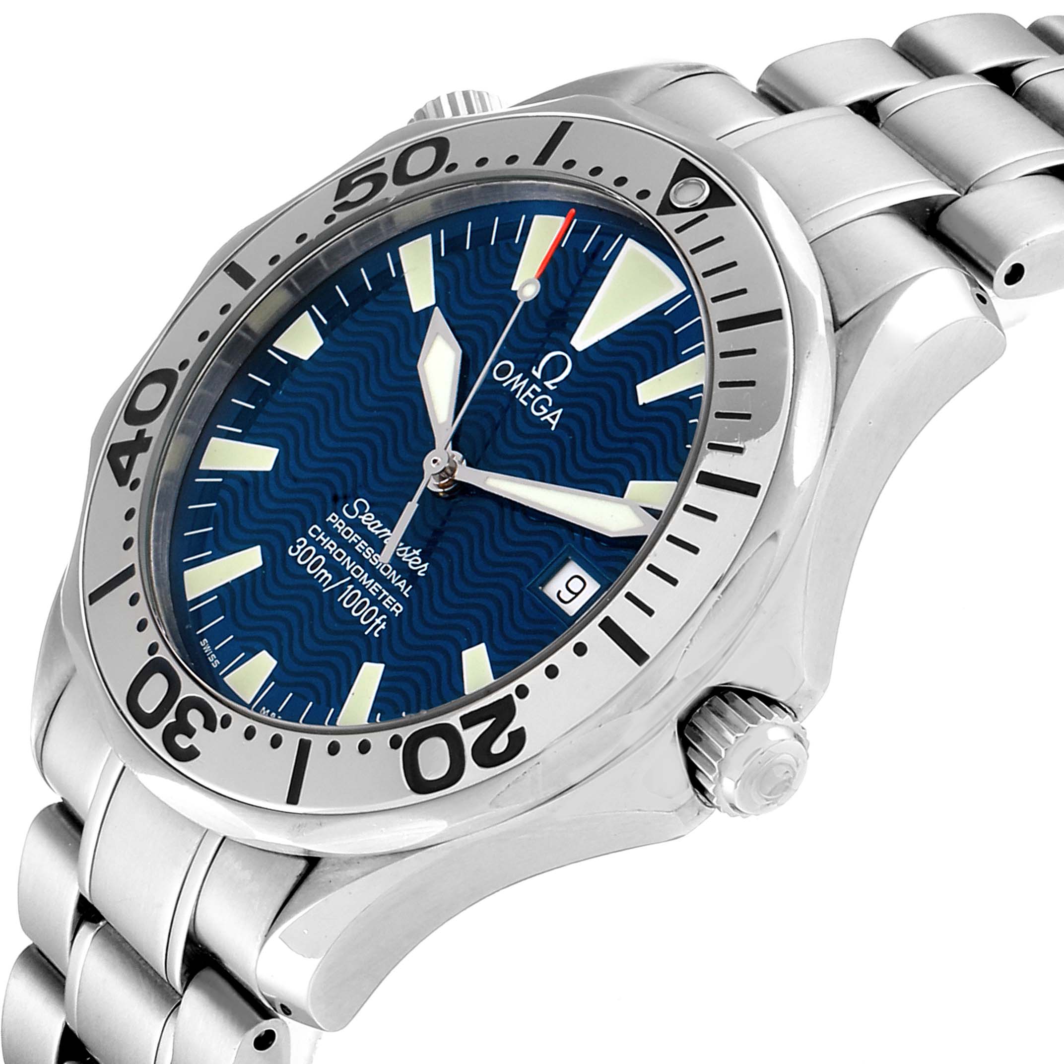 The image shows a side and partial front view of the Omega Seamaster 2255.80.00 Men
s Stainless Steel Blue Dial 2255.80.00 Men
s Stainless Steel Blue Dial watch, highlighting its bezel, dial, crown, and a section of the bracelet.