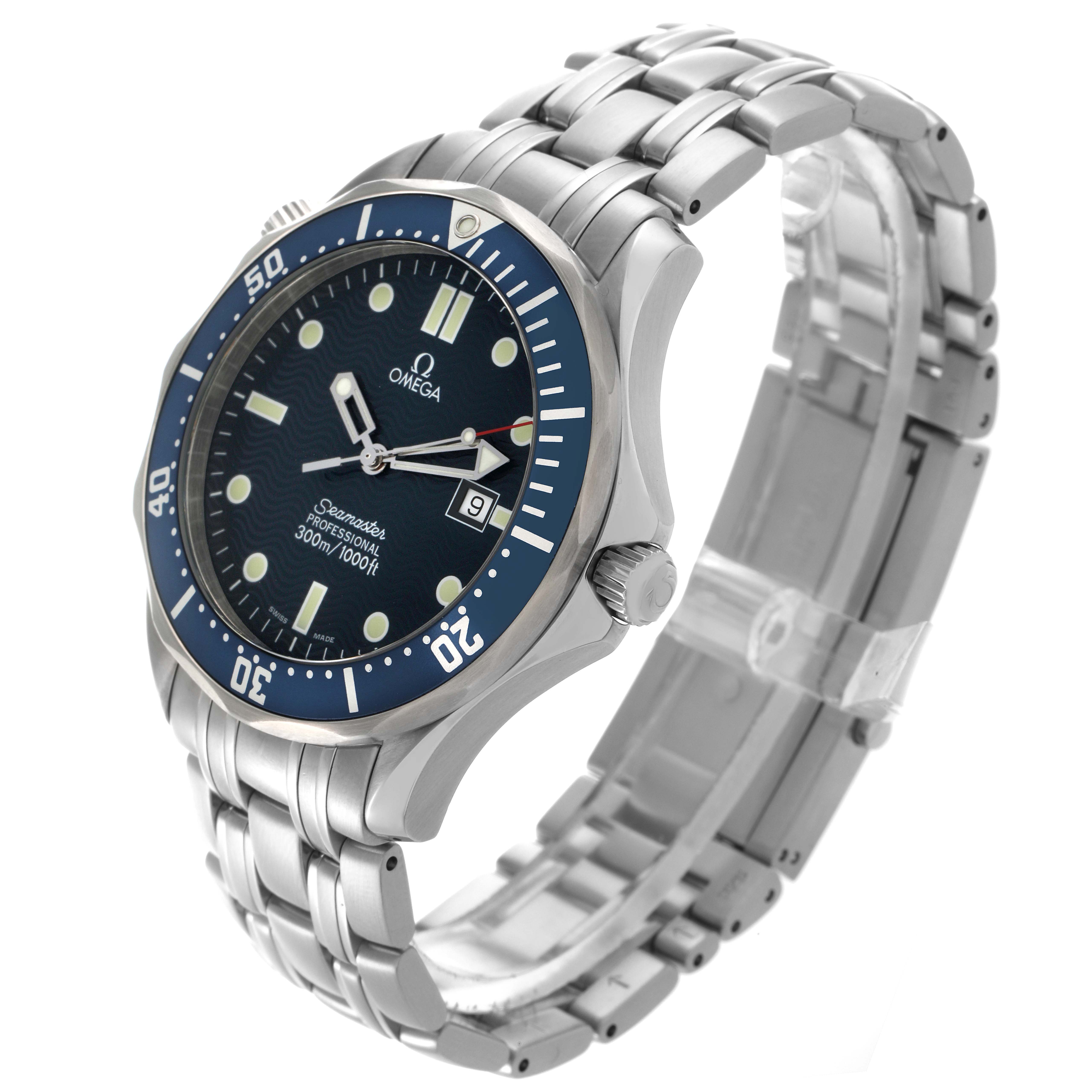 The Omega Seamaster 2541.80.00 Men's Stainless Steel Blue Dial 2541.80.00 Men's Stainless Steel Blue Dial watch is shown from an angled side view, displaying the face, bezel, crown, and stainless steel bracelet.
