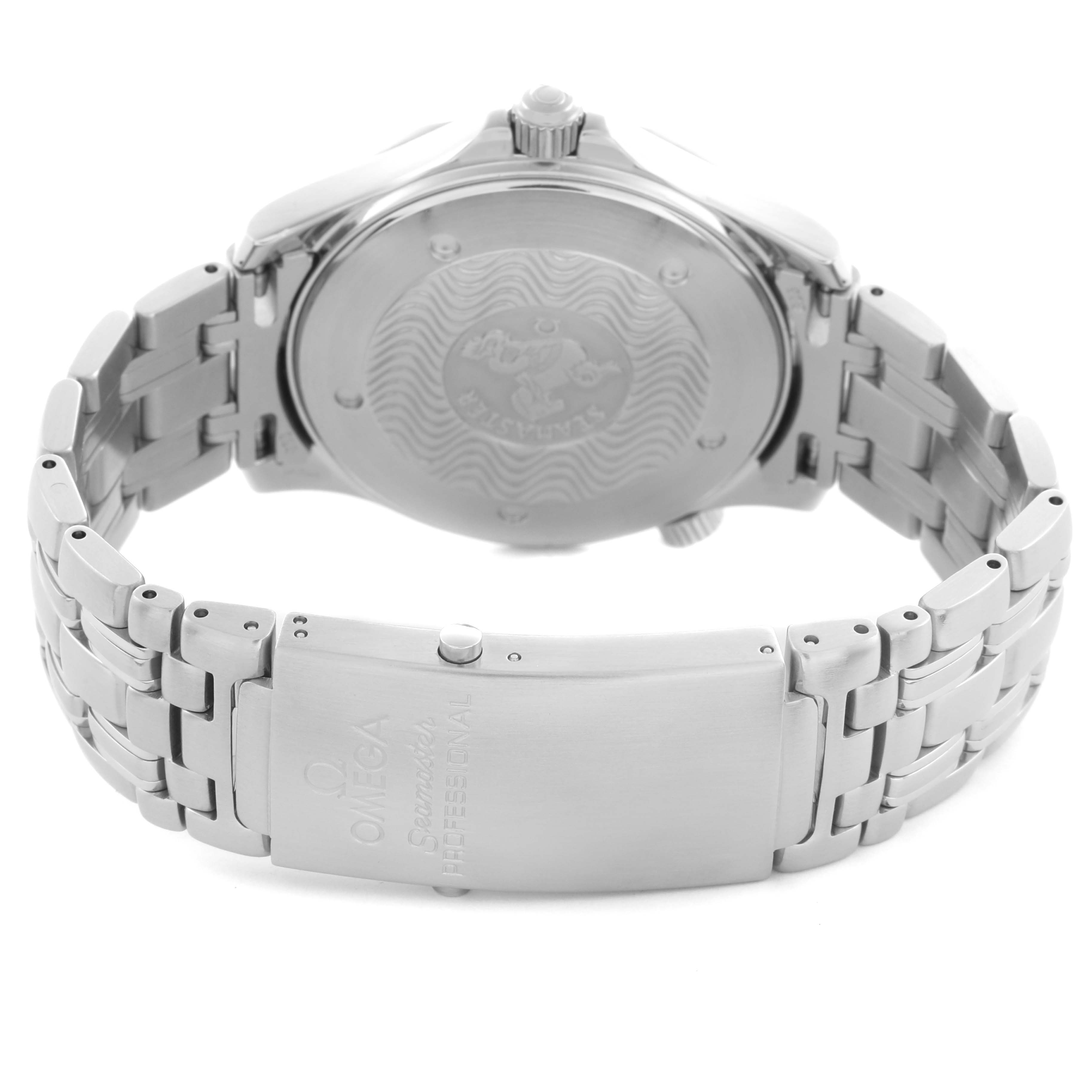 The image shows the back of the Omega Seamaster 2541.80.00 Men's Stainless Steel Blue Dial 2541.80.00 Men's Stainless Steel Blue Dial watch, focusing on the case back and metal bracelet with its clasp.