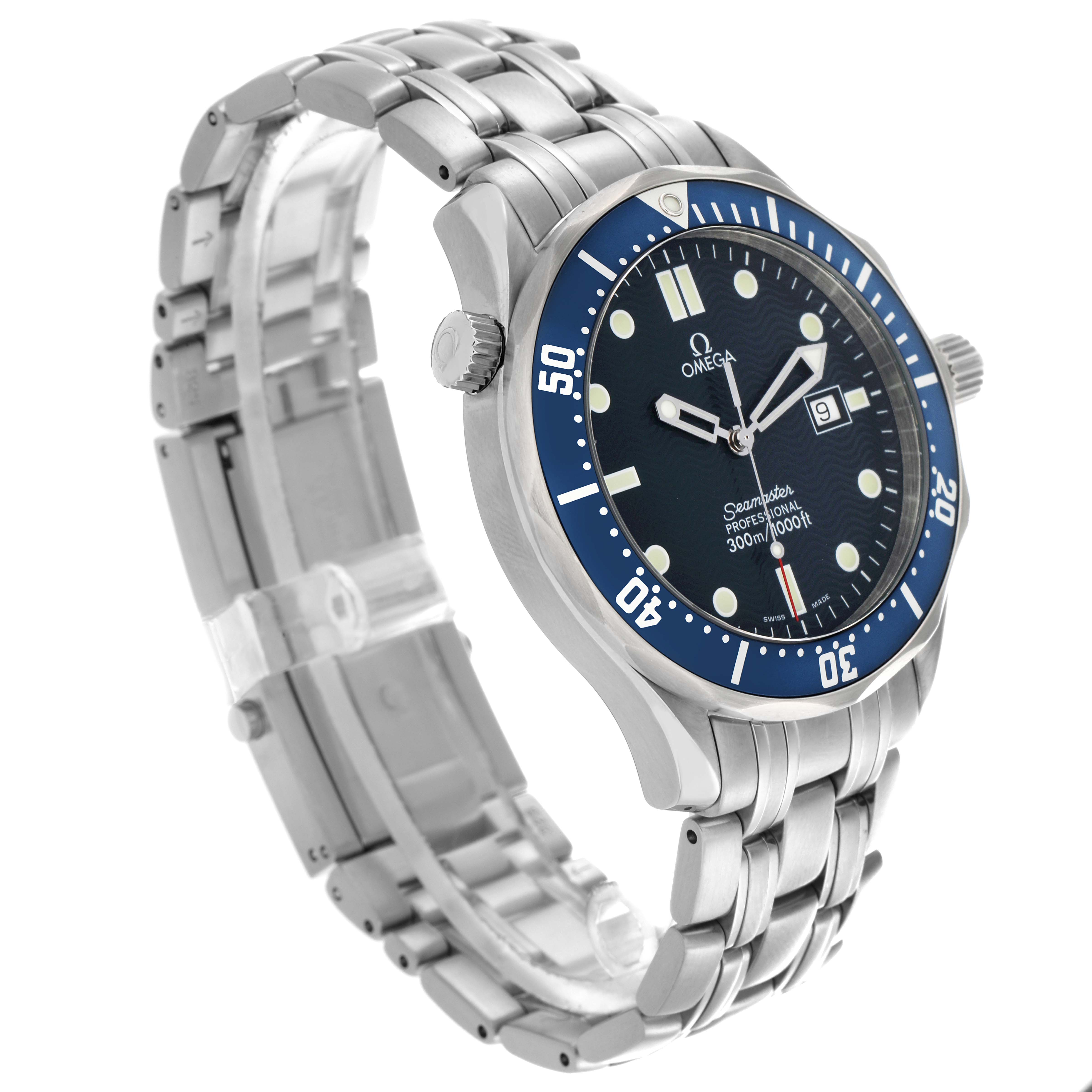 The Omega Seamaster 2541.80.00 Men's Stainless Steel Blue Dial 2541.80.00 Men's Stainless Steel Blue Dial watch is shown at a side angle, highlighting the face, bezel, and bracelet.