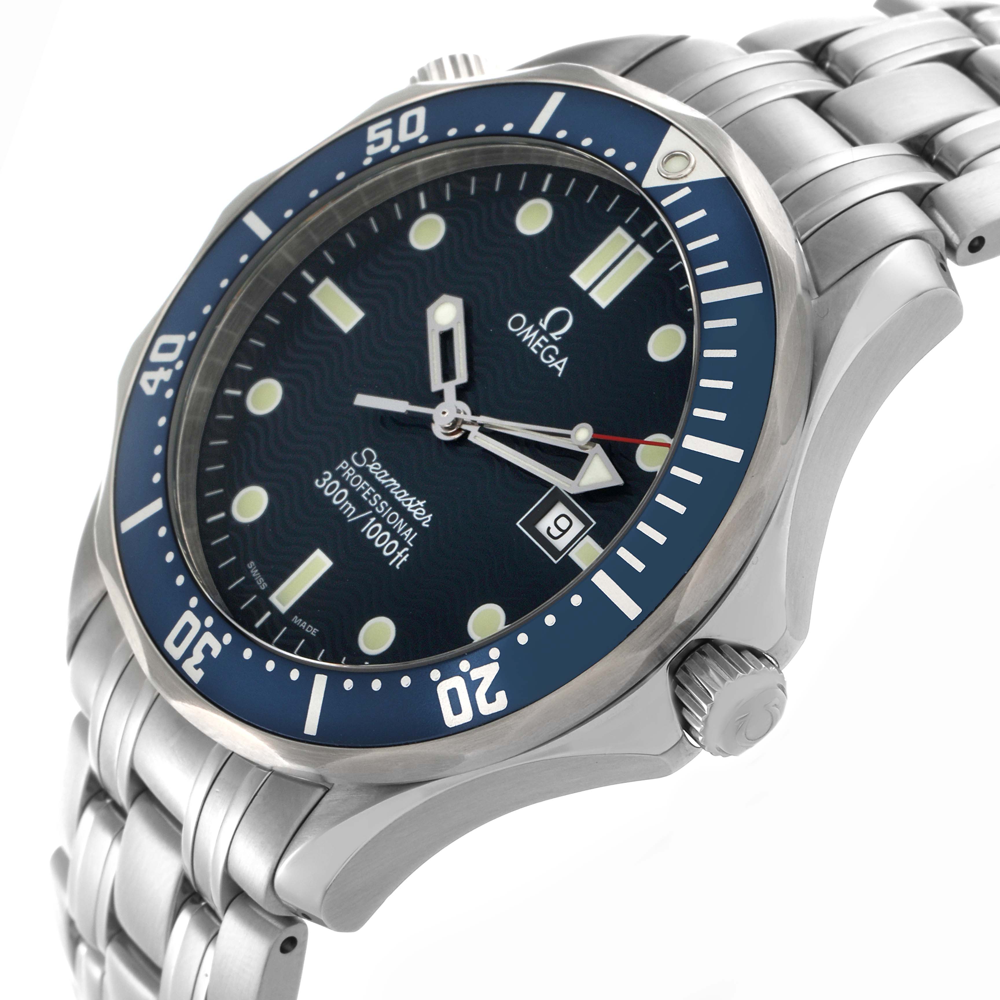 The Omega Seamaster 2541.80.00 Men's Stainless Steel Blue Dial 2541.80.00 Men's Stainless Steel Blue Dial watch is shown at an angled side view, highlighting the dial, bezel, crown, and part of the bracelet.