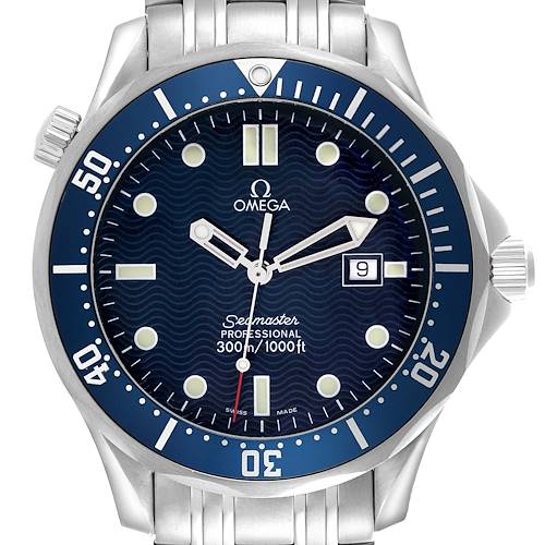 The Omega Seamaster watch is shown from a front angle, displaying the face, bezel, bracelet, and crown.