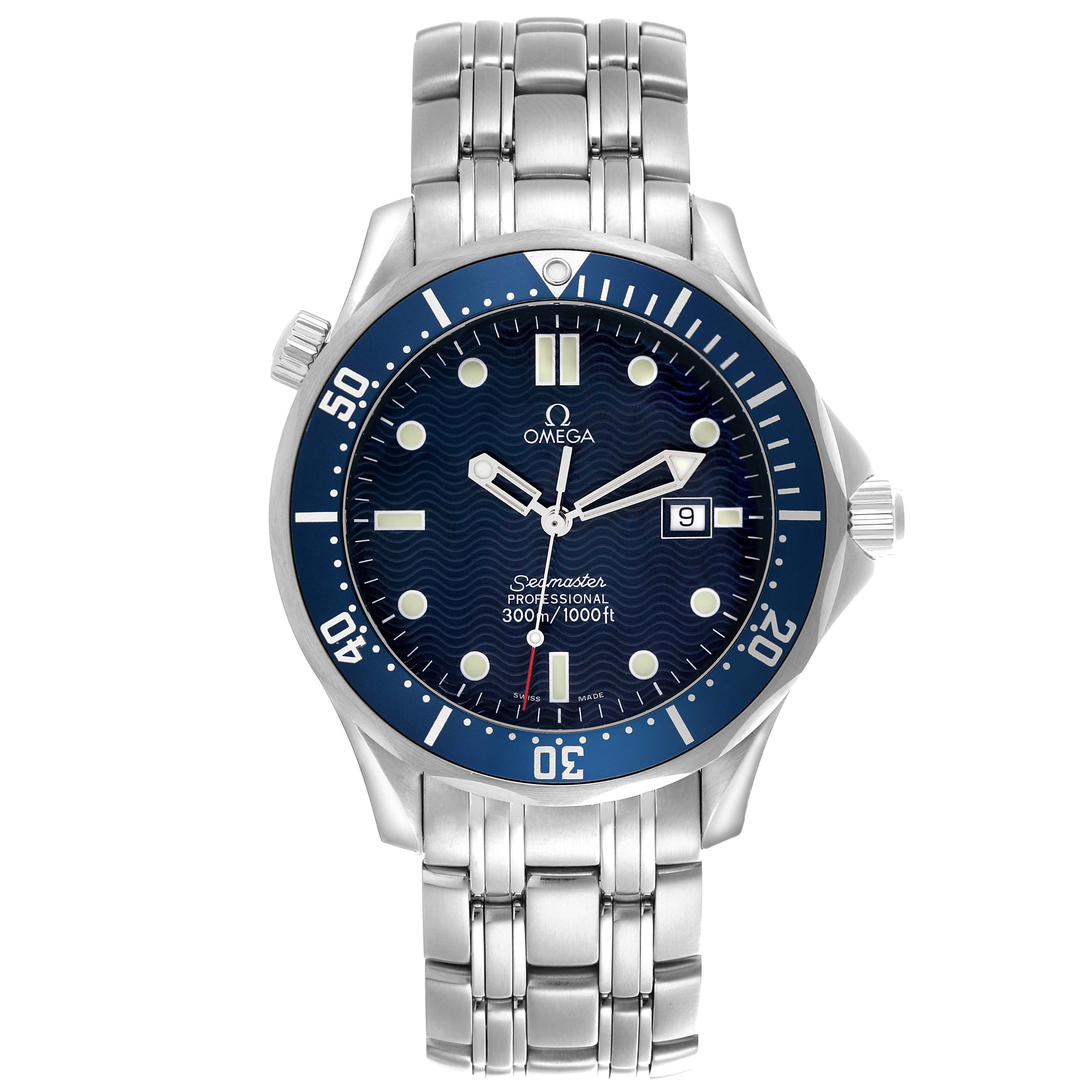 The Omega Seamaster 2541.80.00 Men's Stainless Steel Blue Dial 2541.80.00 Men's Stainless Steel Blue Dial watch is shown from a front angle, displaying the face, bezel, and bracelet.