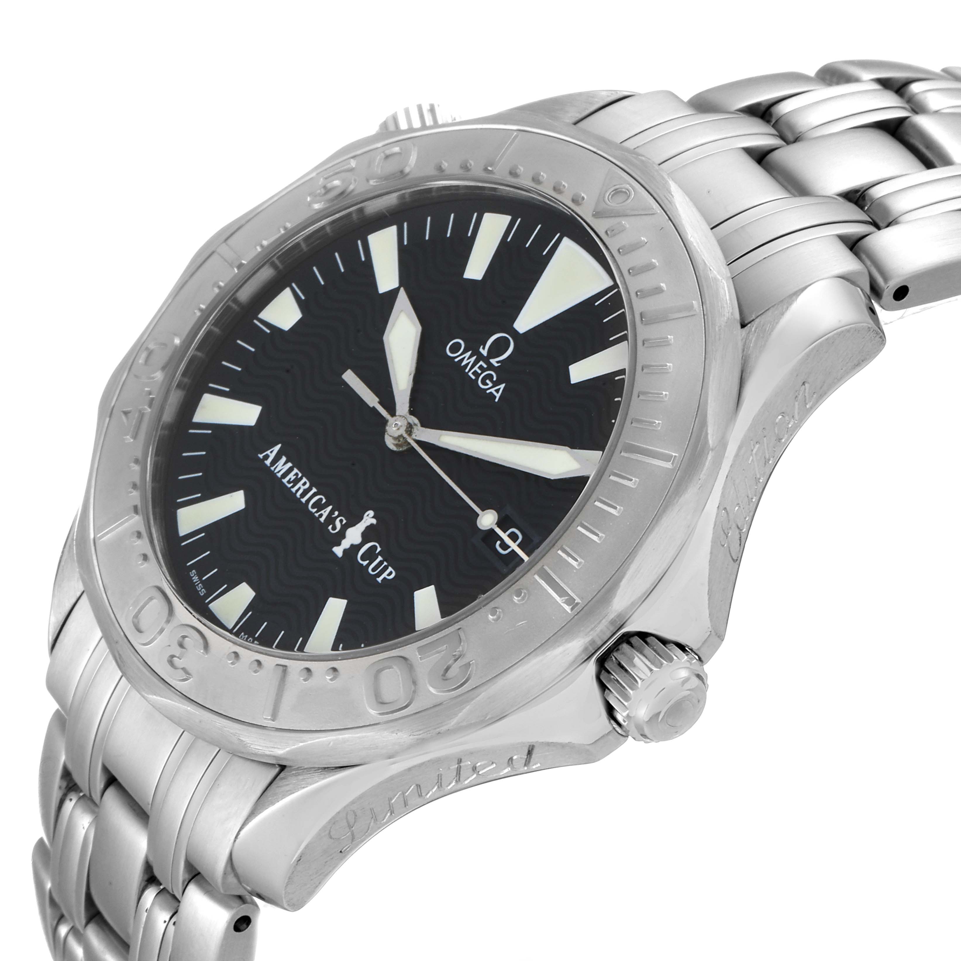 This image shows a side angle of an Omega Seamaster 2533.50.00 Men's Stainless Steel Black Dial 2533.50.00 Men's Stainless Steel Black Dial watch, highlighting its bezel, dial, and bracelet.