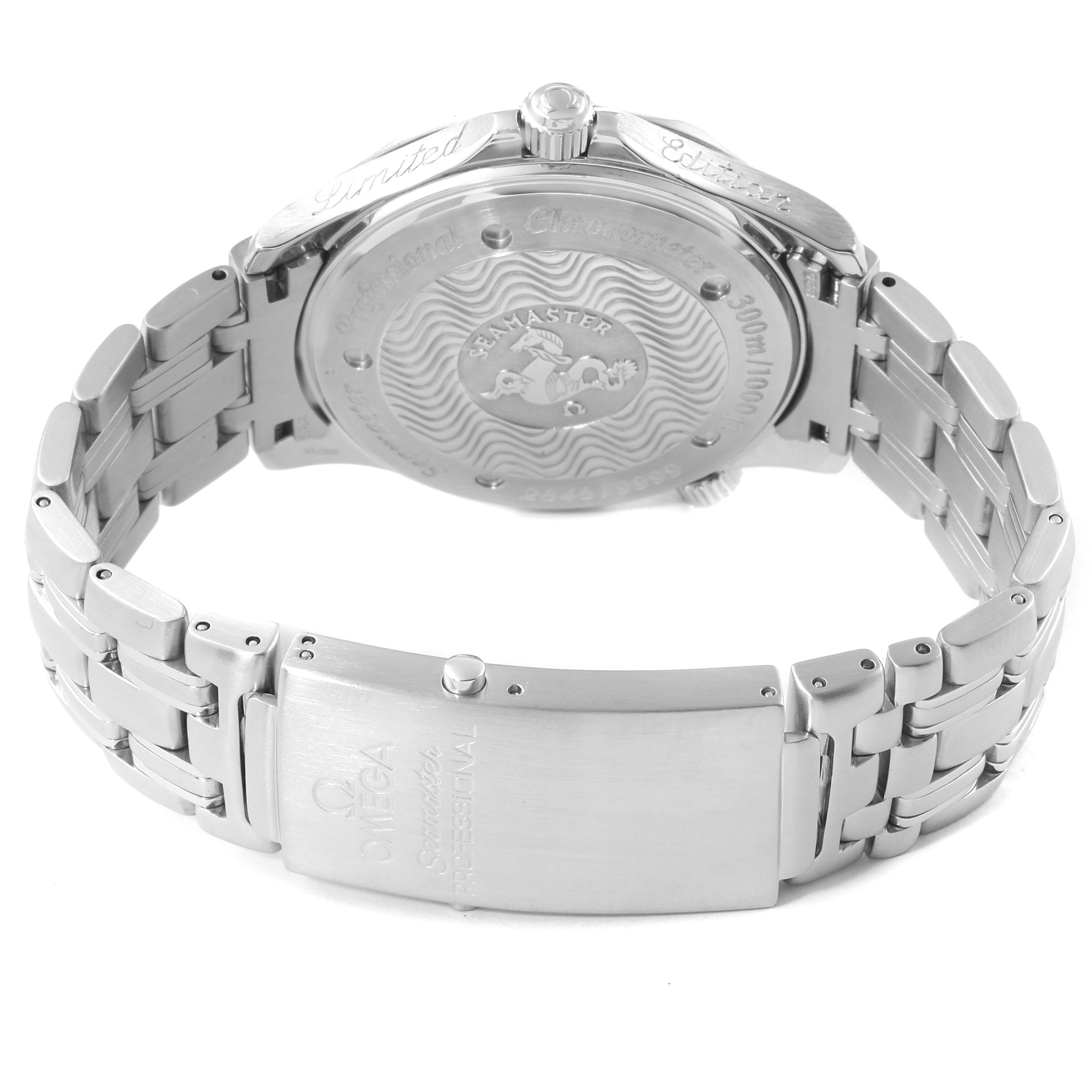 The image shows the back case and bracelet of the Omega Seamaster 2533.50.00 Men's Stainless Steel Black Dial 2533.50.00 Men's Stainless Steel Black Dial watch from a rear angle.