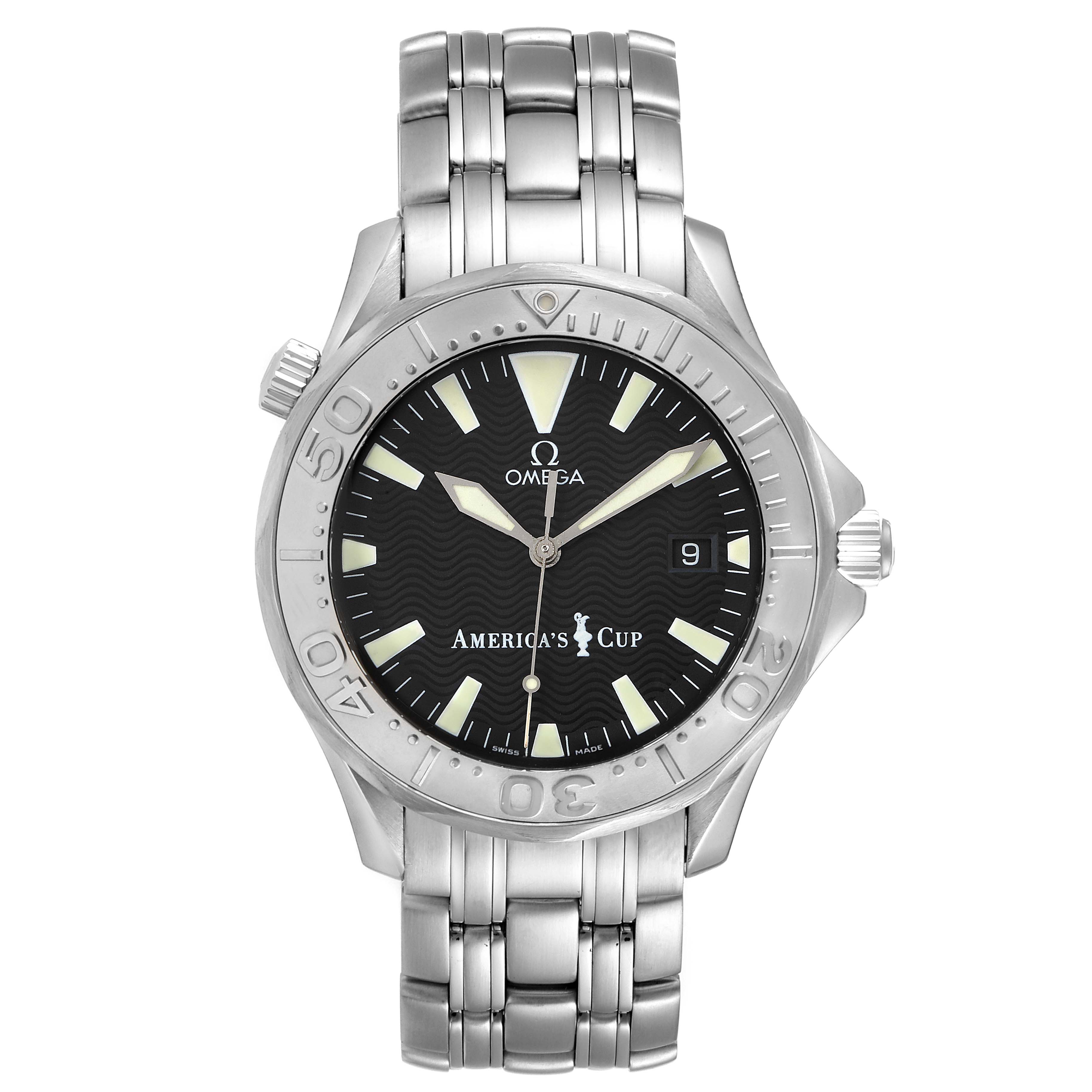 This image shows a front view of an Omega Seamaster 2533.50.00 Men's Stainless Steel Black Dial 2533.50.00 Men's Stainless Steel Black Dial America's Cup model, displaying its dial, bracelet, and bezel.