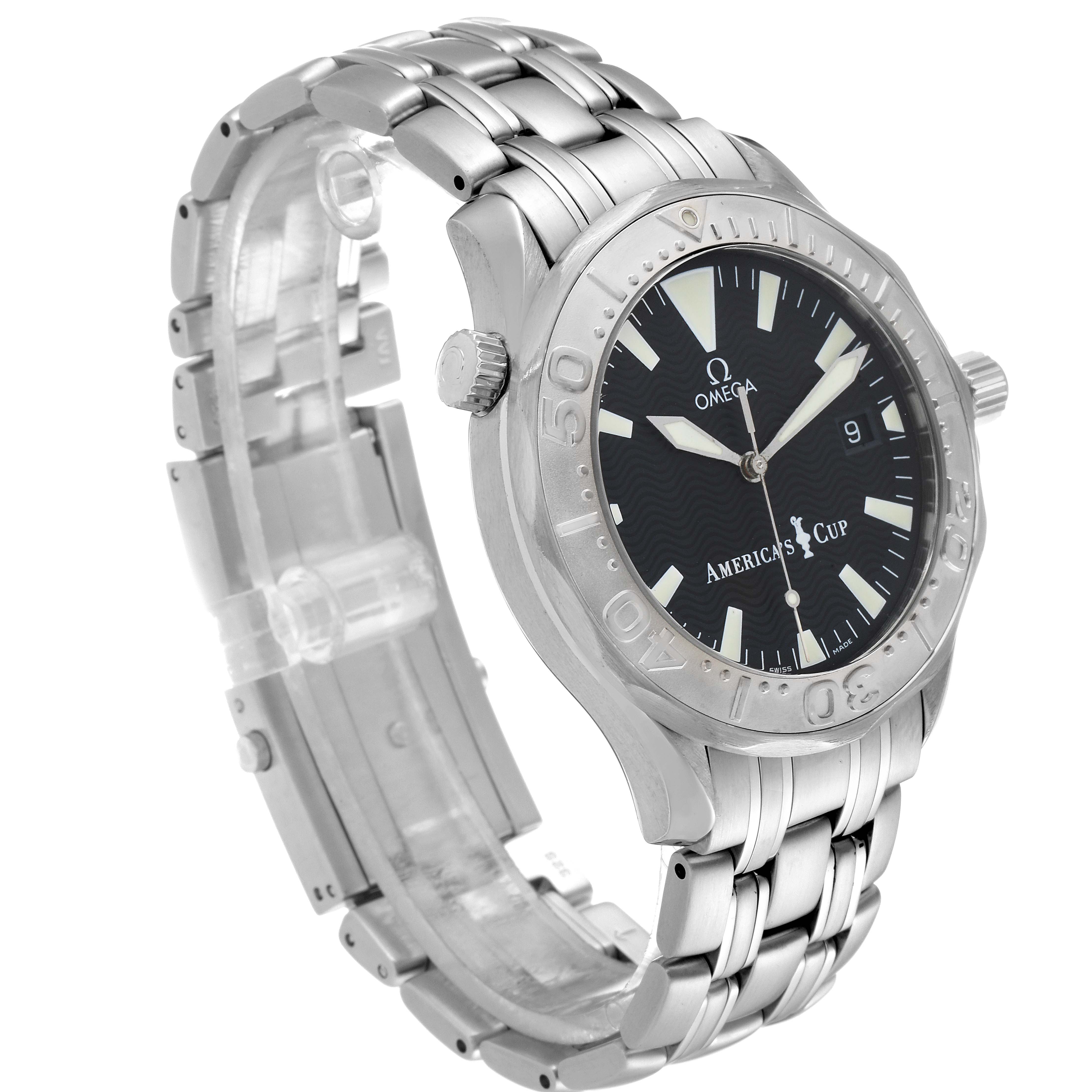 The image shows an angled view of the Omega Seamaster 2533.50.00 Men's Stainless Steel Black Dial 2533.50.00 Men's Stainless Steel Black Dial watch, highlighting its dial, bezel, crown, and stainless steel bracelet.