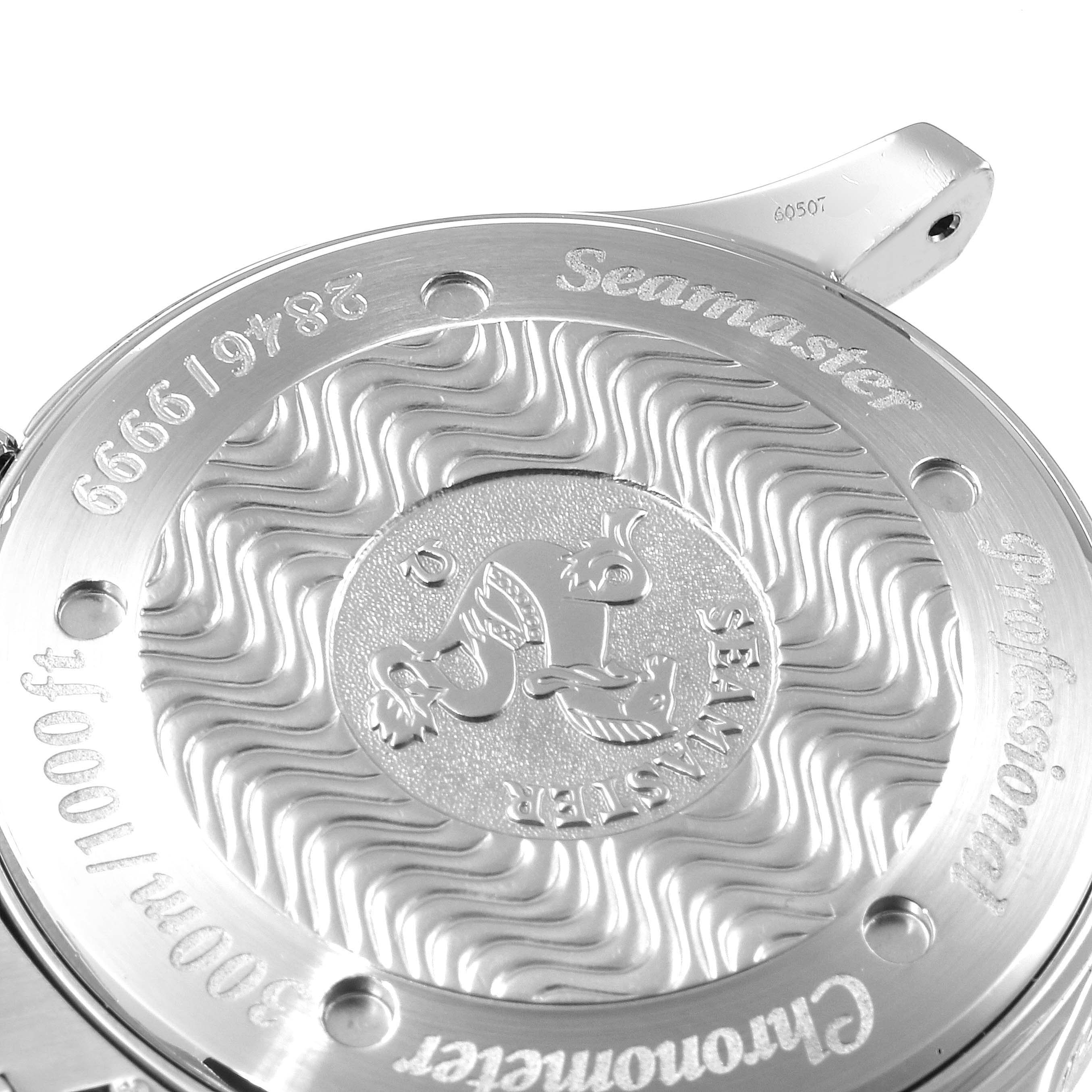 The image shows the back case of an Omega Seamaster 2533.50.00 Men's Stainless Steel Black Dial 2533.50.00 Men's Stainless Steel Black Dial watch, displaying intricate engravings and model details.