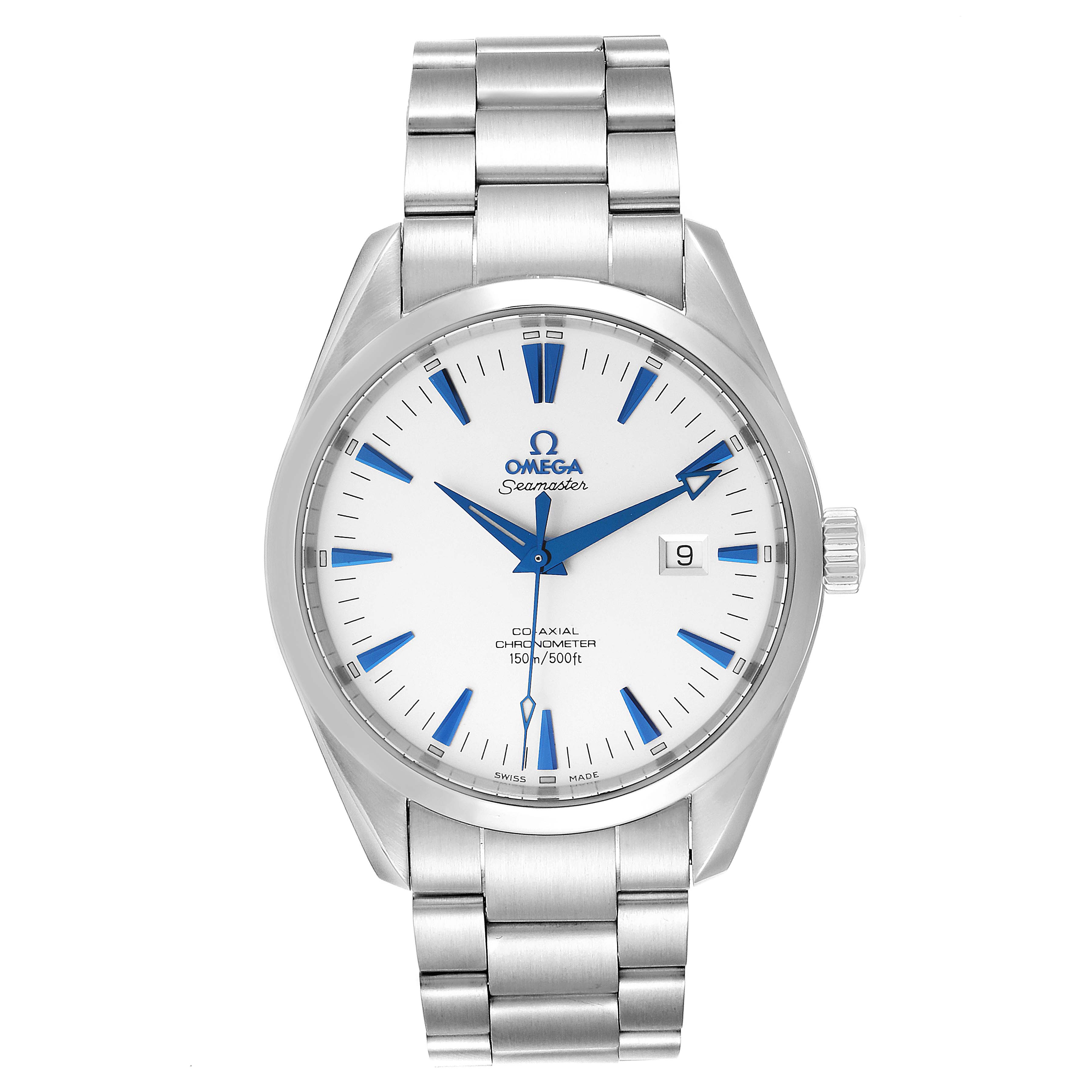 The image shows a front view of an Omega Seamaster 2502.33.00 Men's Stainless Steel White Dial 2502.33.00 Men's Stainless Steel White Dial watch displaying the face, bezel, and bracelet.