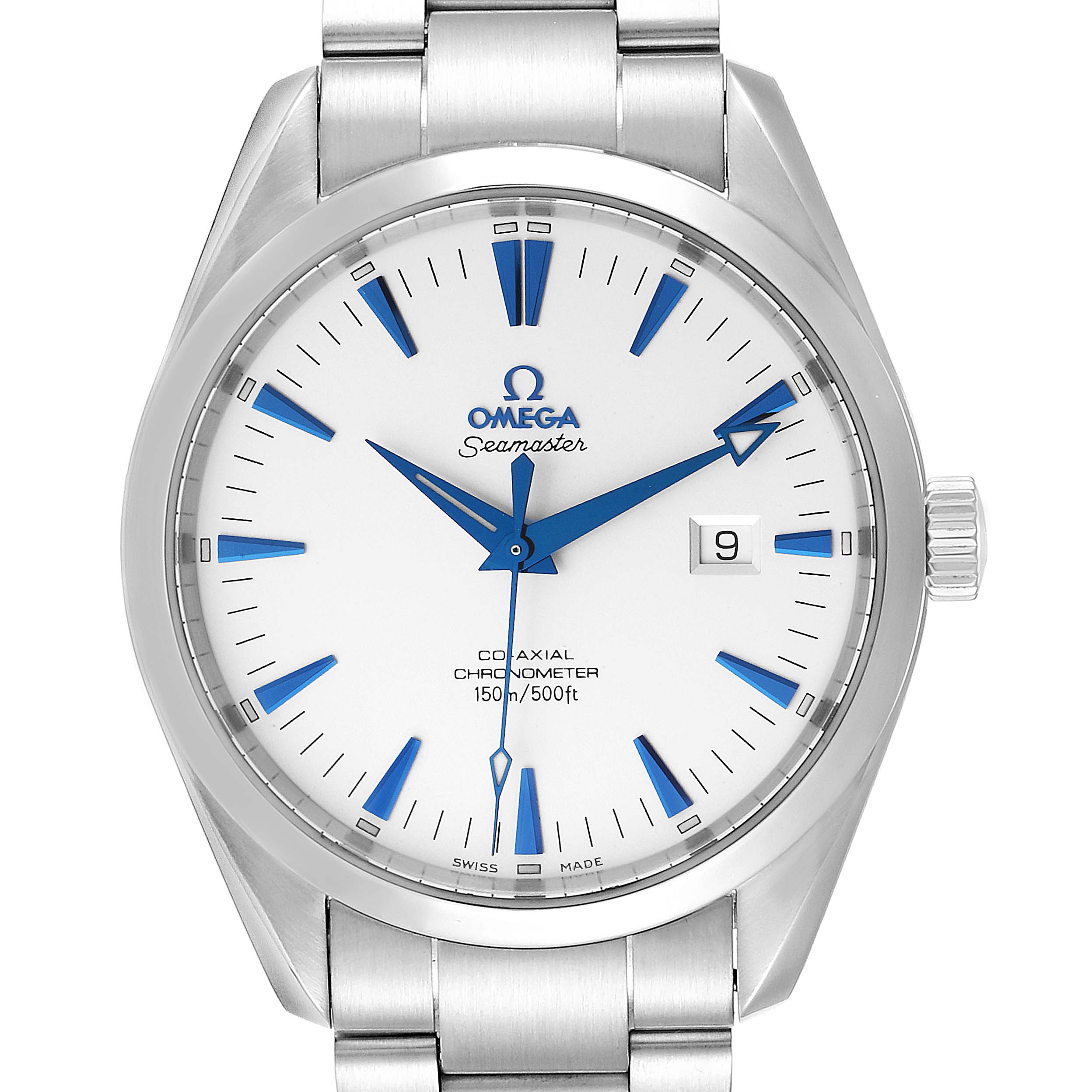 The Omega Seamaster 2502.33.00 Men's Stainless Steel White Dial 2502.33.00 Men's Stainless Steel White Dial watch is shown from the front, displaying the dial, hands, date window, and part of its metal bracelet.