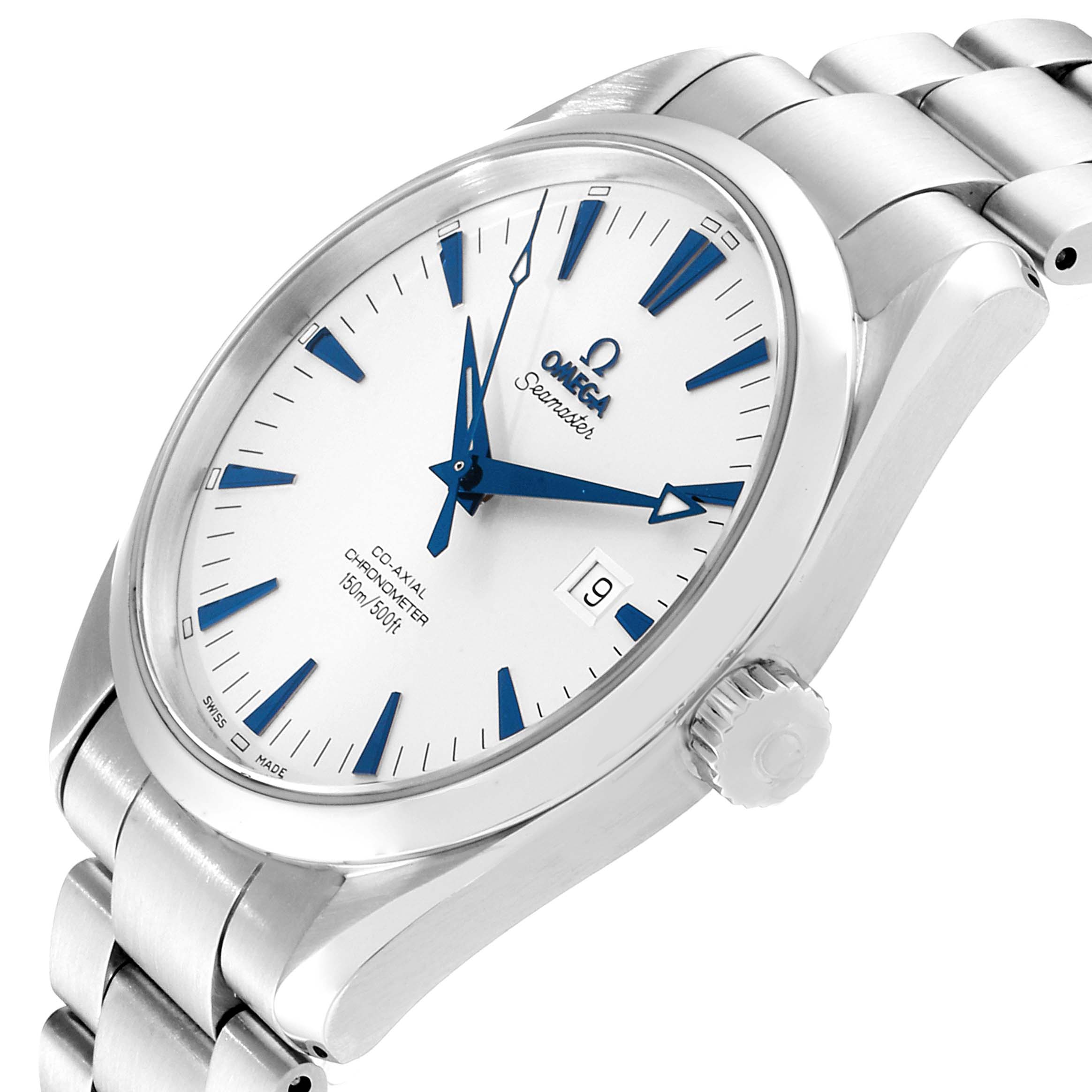 This image shows an Omega Seamaster 2502.33.00 Men's Stainless Steel White Dial 2502.33.00 Men's Stainless Steel White Dial watch angled to display the face, dial, crown, and part of the bracelet.