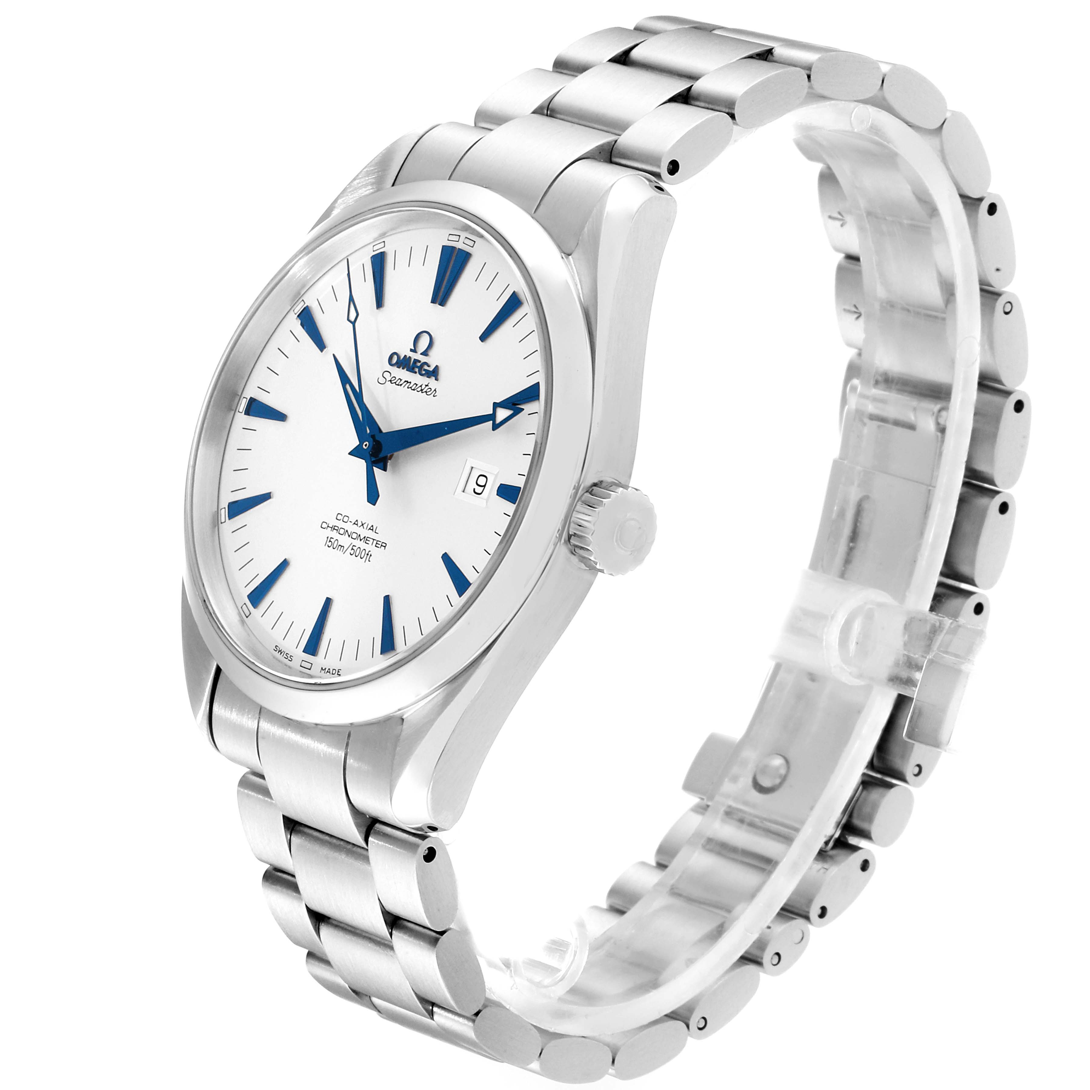 The Omega Seamaster 2502.33.00 Men's Stainless Steel White Dial 2502.33.00 Men's Stainless Steel White Dial watch is shown at a slight angle, displaying the face, crown, and full bracelet.