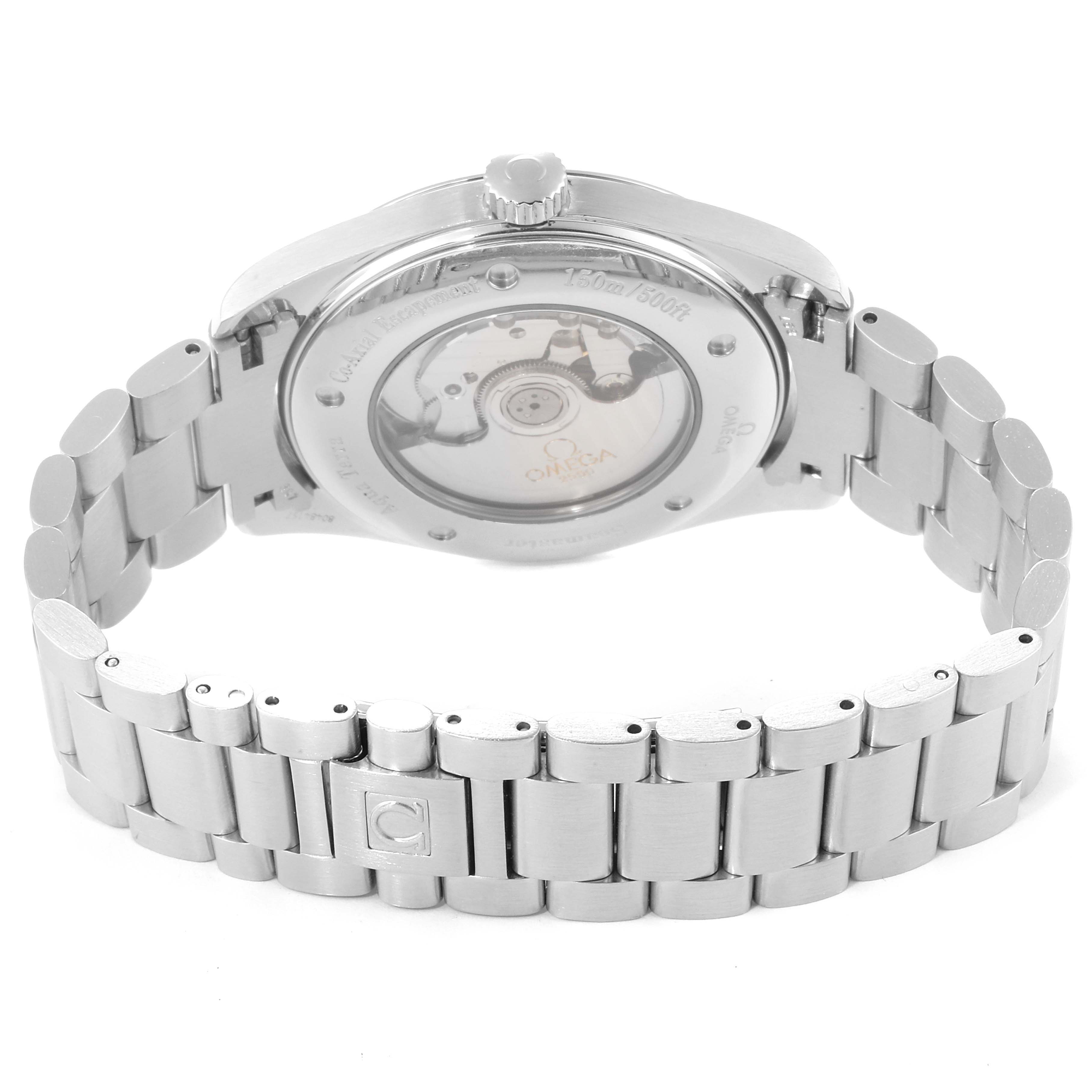 This image shows the back view of an Omega Seamaster 2502.33.00 Men's Stainless Steel White Dial 2502.33.00 Men's Stainless Steel White Dial watch with its transparent case back and metal bracelet.