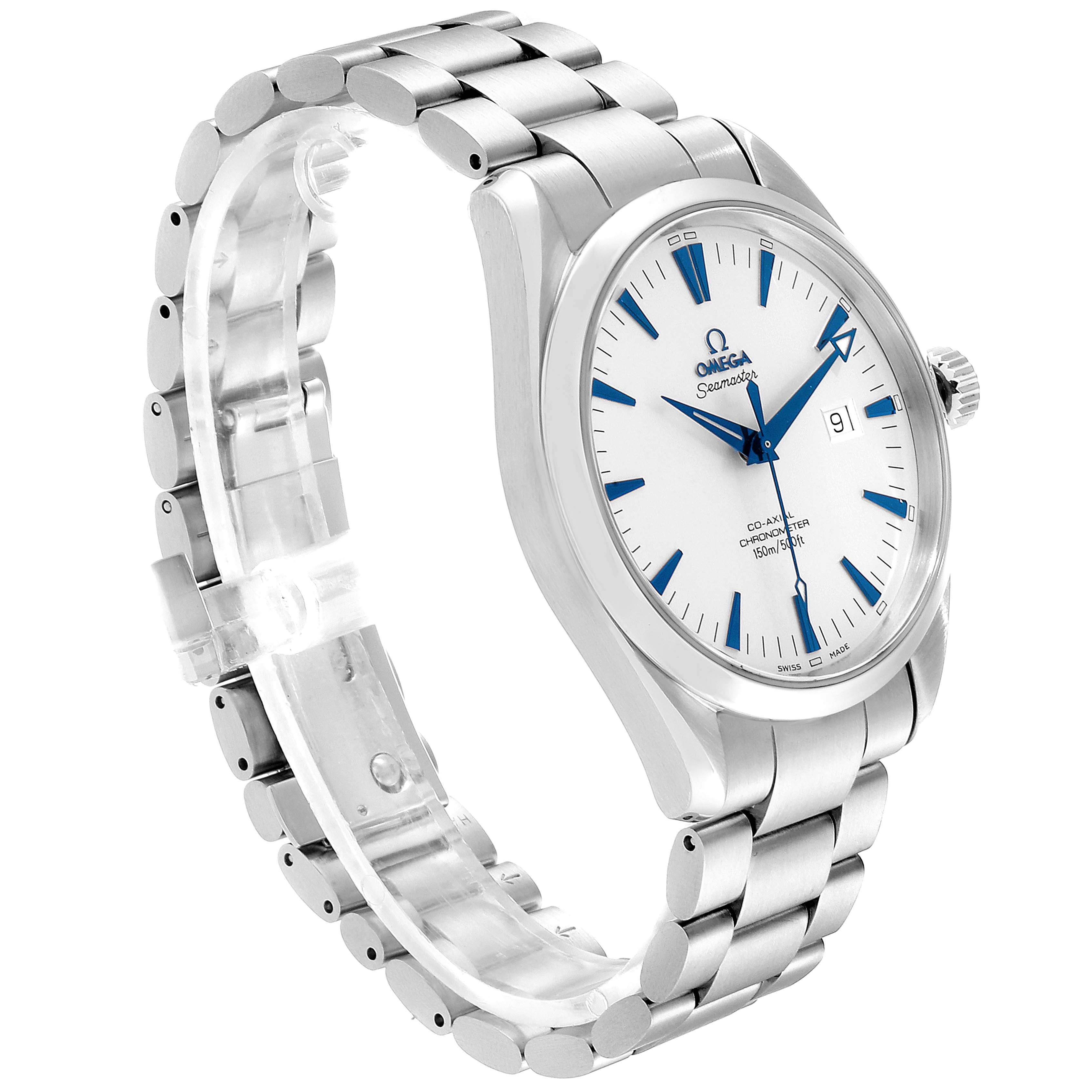 The image shows an angled view of an Omega Seamaster 2502.33.00 Men's Stainless Steel White Dial 2502.33.00 Men's Stainless Steel White Dial, displaying the case, bracelet, and dial with blue markers.