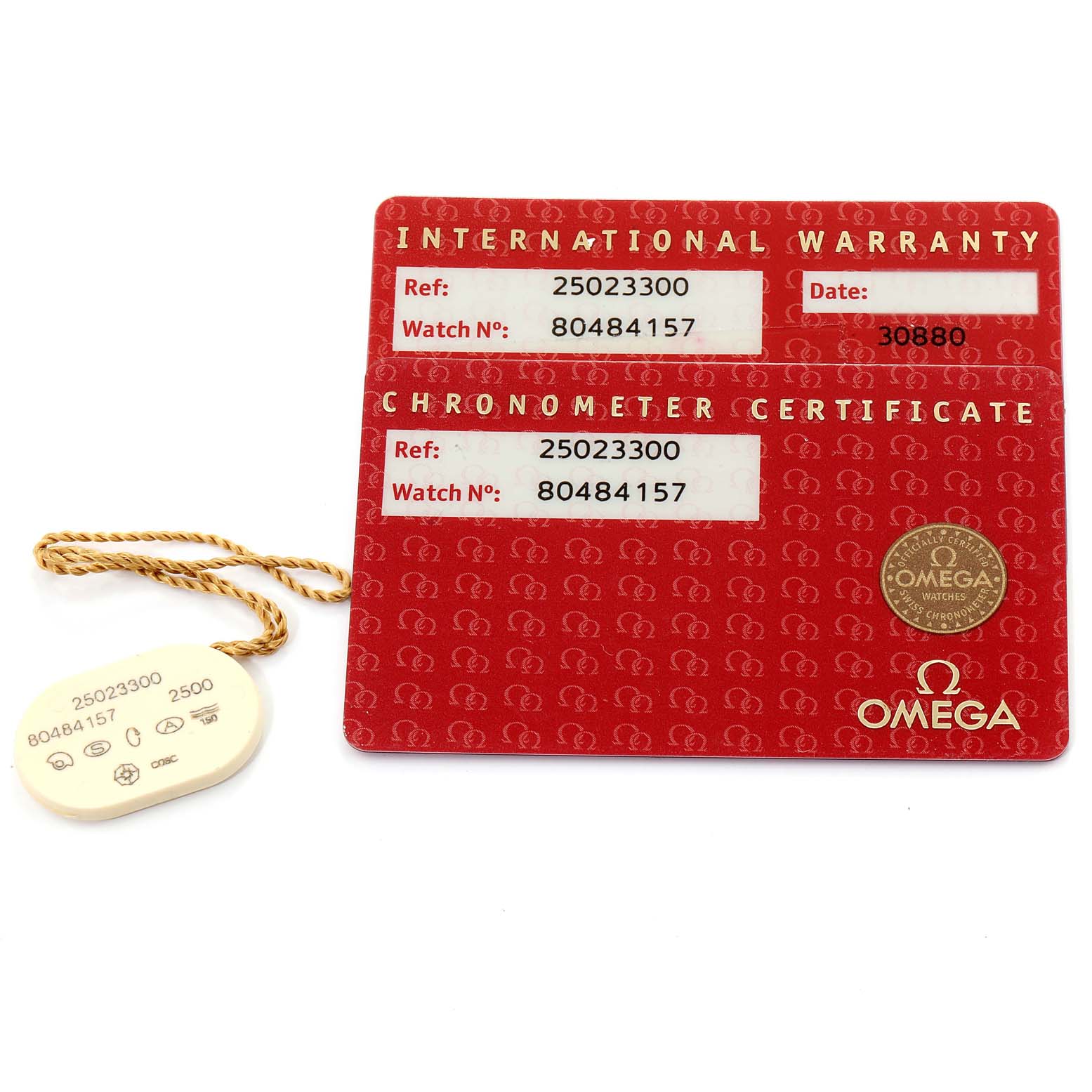 This image shows the warranty cards and tag for an Omega Seamaster 2502.33.00 Men's Stainless Steel White Dial 2502.33.00 Men's Stainless Steel White Dial watch.