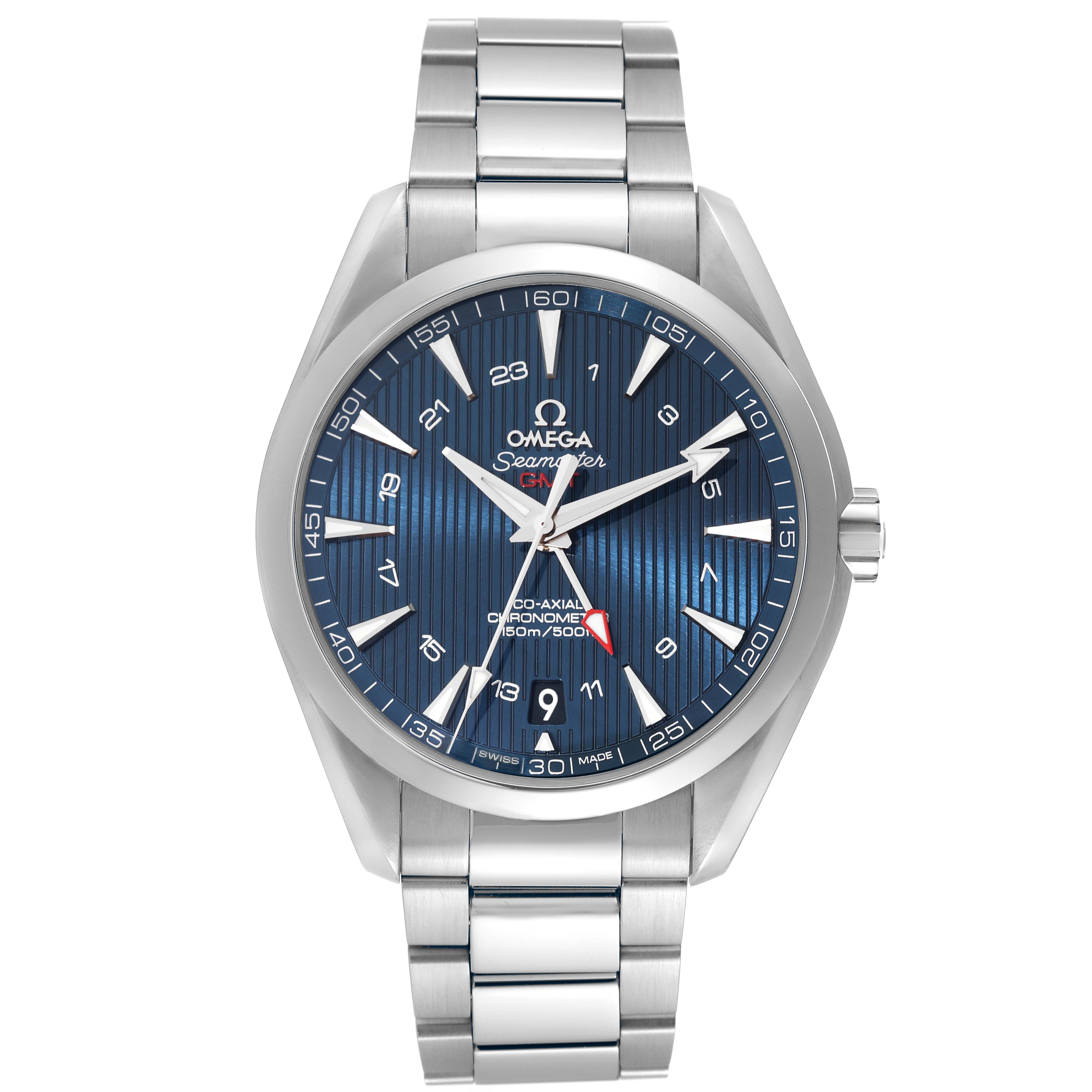 The image shows a front view of the Omega Aqua Terra 231.10.43.22.03.001 Men
s Stainless Steel Blue Dial 231.10.43.22.03.001 Men
s Stainless Steel Blue Dial Seamaster watch with a blue dial and stainless steel bracelet.