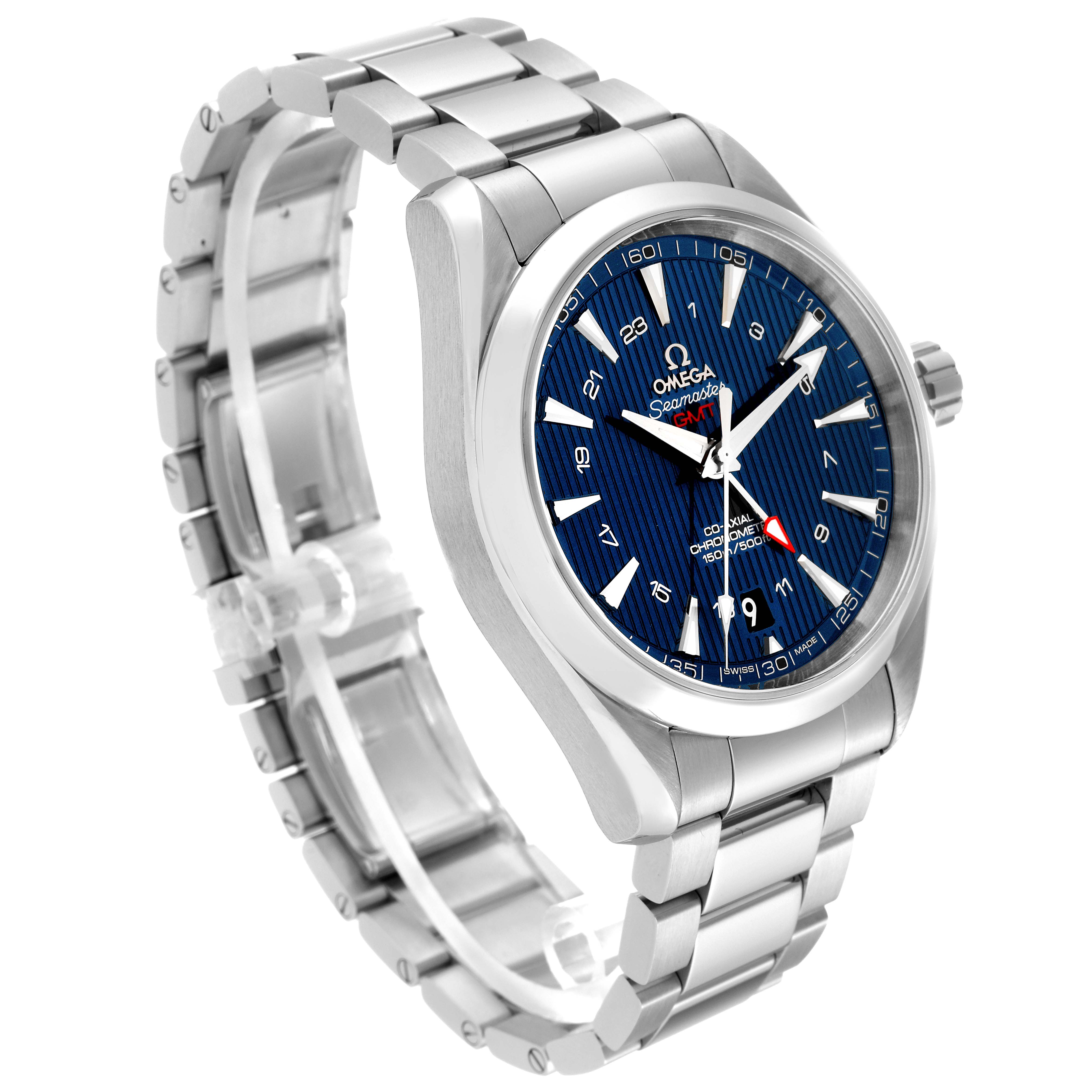 The image shows an Omega Aqua Terra 231.10.43.22.03.001 Men
s Stainless Steel Blue Dial 231.10.43.22.03.001 Men
s Stainless Steel Blue Dial watch at a three-quarter angle, highlighting its blue dial, stainless steel case, and bracelet.