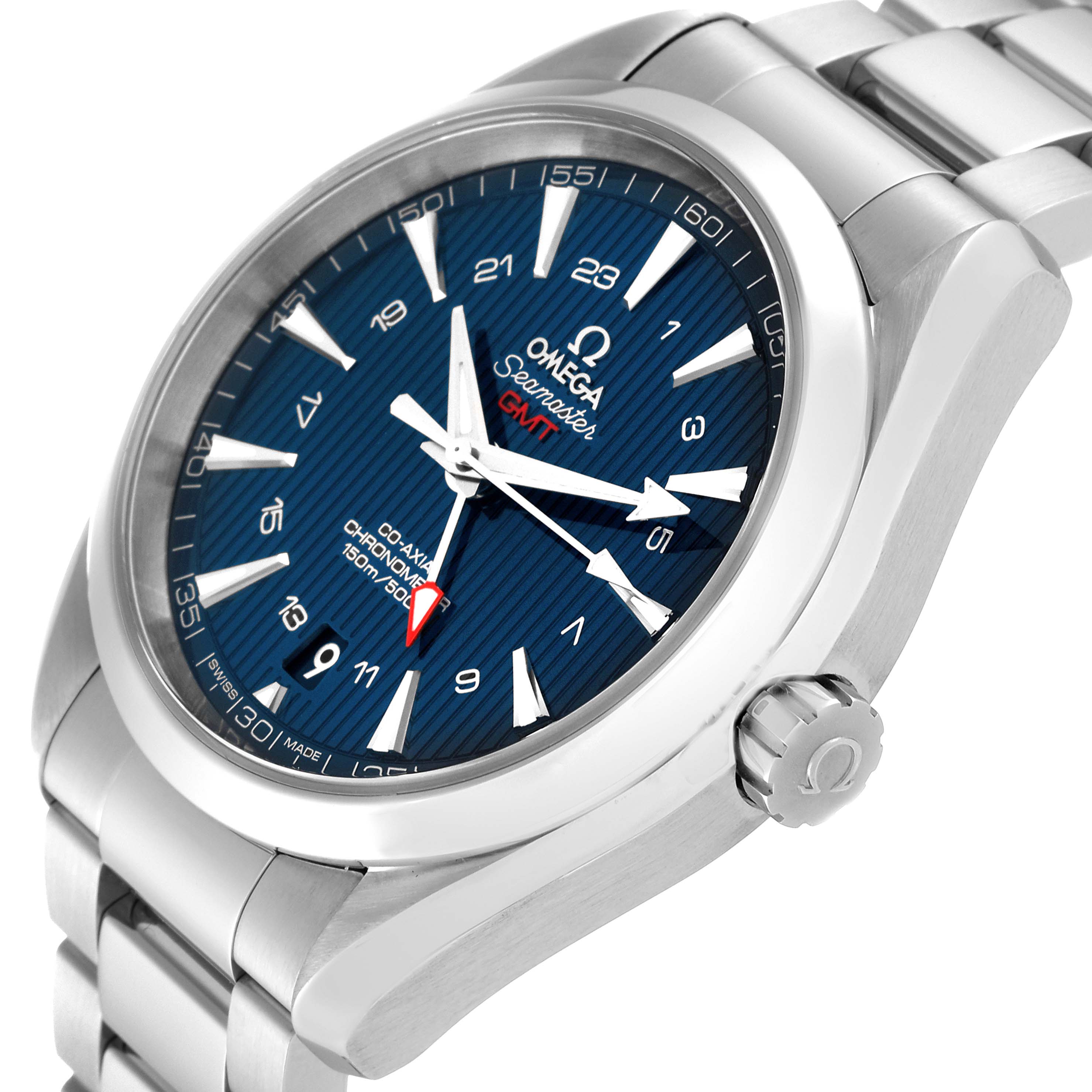 This image shows an angled view of the face, bezel, crown, and bracelet of the Omega Seamaster Aqua Terra watch.