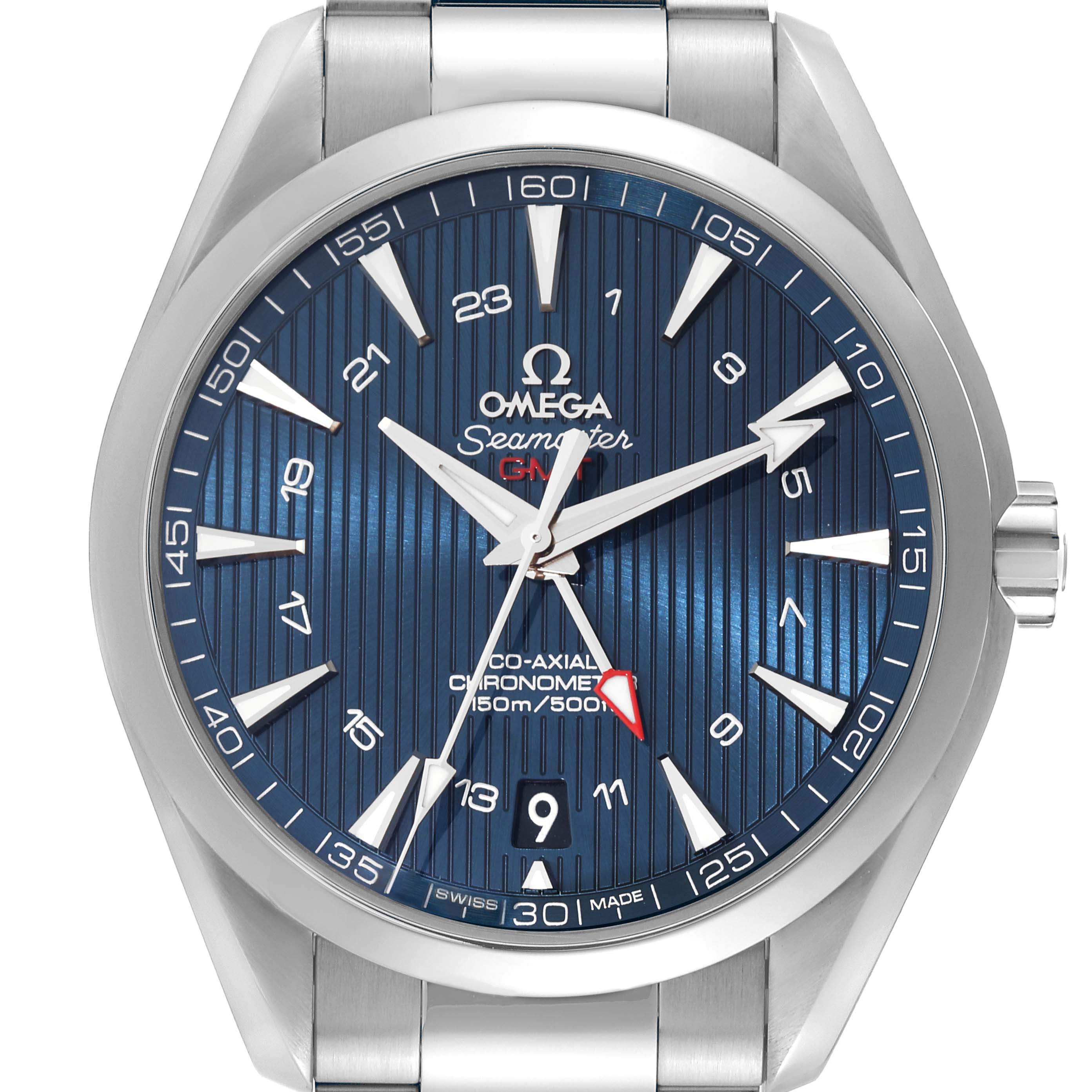 Front view of the Omega Aqua Terra 231.10.43.22.03.001 Men
s Stainless Steel Blue Dial 231.10.43.22.03.001 Men
s Stainless Steel Blue Dial showing the blue dial, hands, date window, and stainless steel bracelet.
