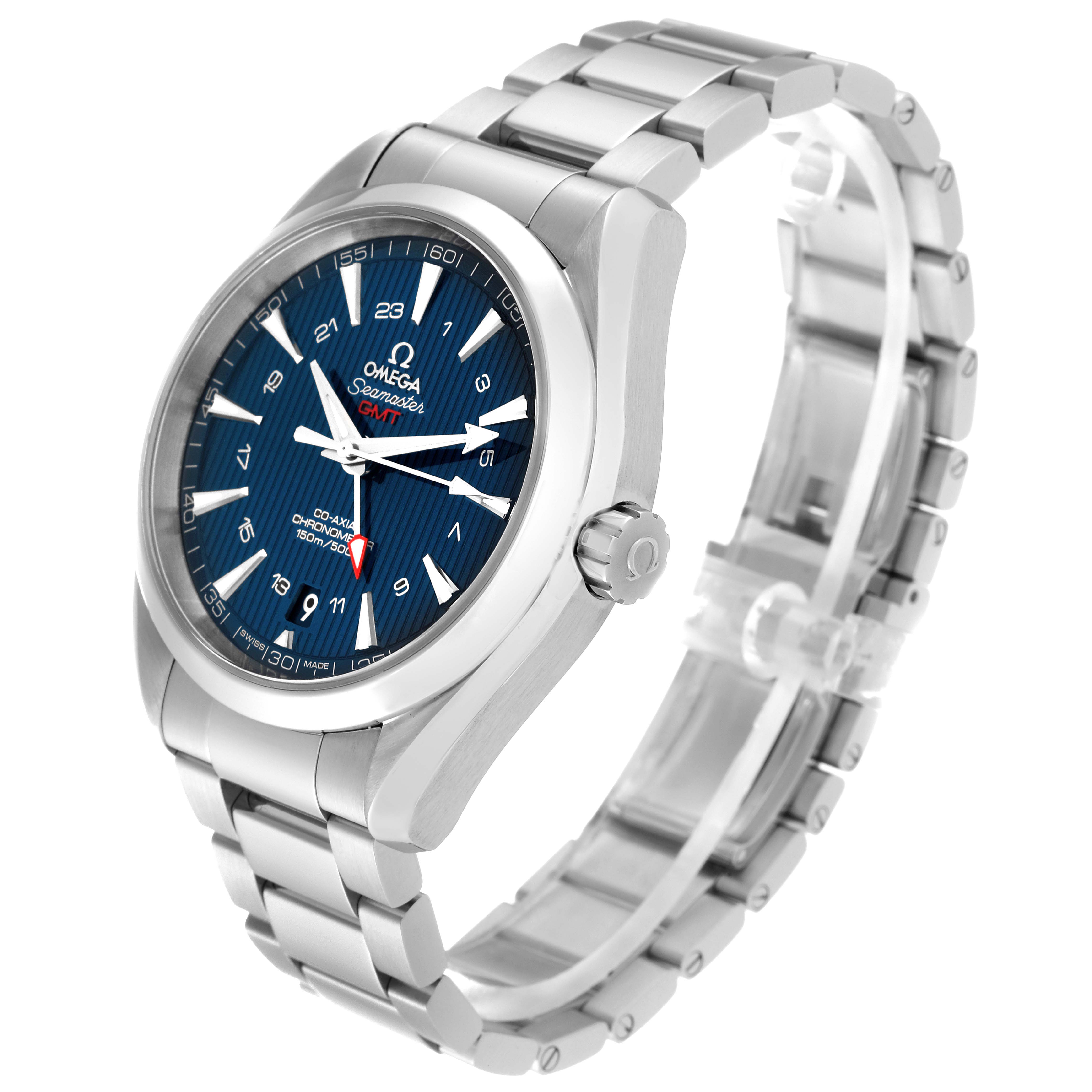 The Omega Aqua Terra 231.10.43.22.03.001 Men
s Stainless Steel Blue Dial 231.10.43.22.03.001 Men
s Stainless Steel Blue Dial watch is shown at a three-quarter angle highlighting its face, crown, and bracelet.