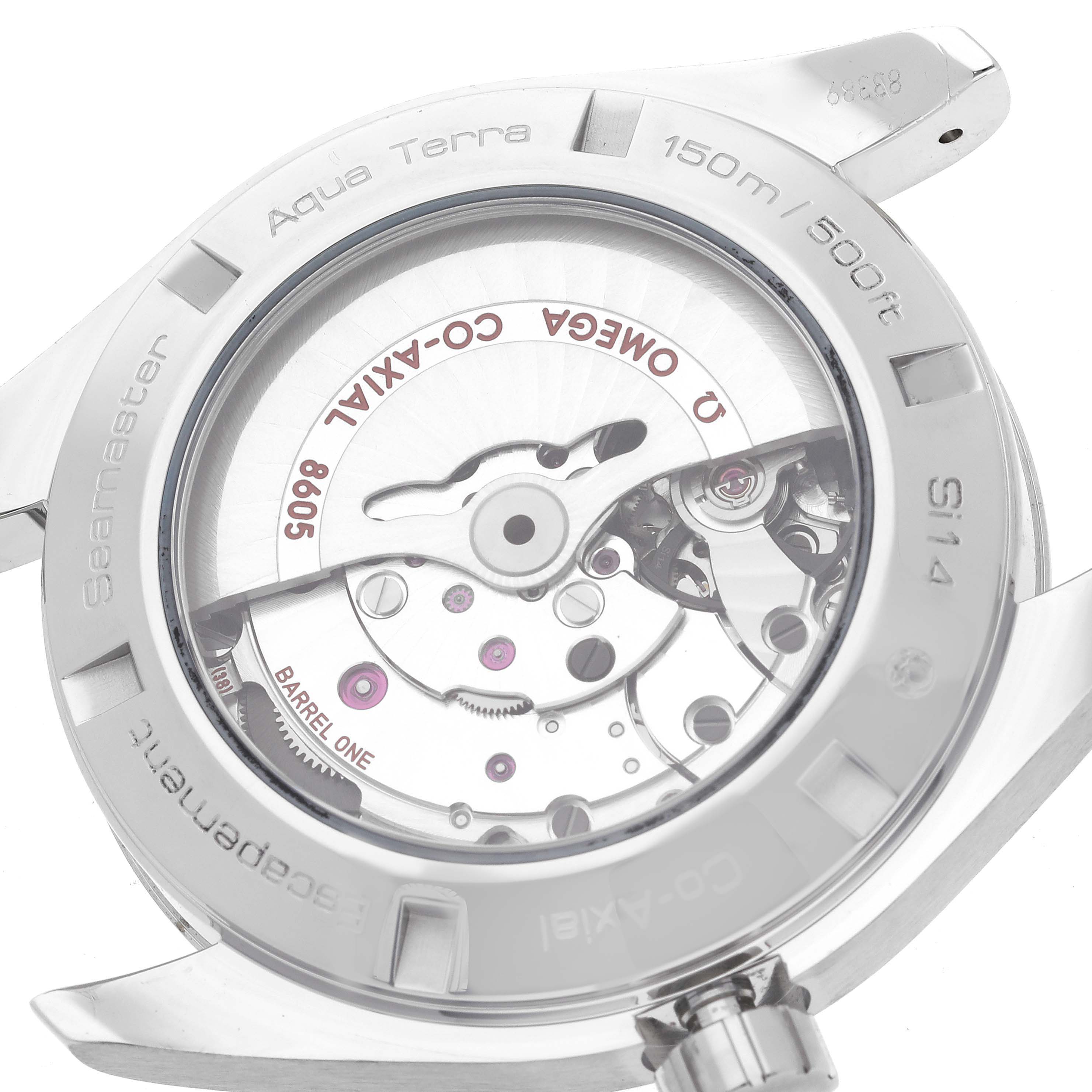 The image displays the back view of the Omega Aqua Terra 231.10.43.22.03.001 Men
s Stainless Steel Blue Dial 231.10.43.22.03.001 Men
s Stainless Steel Blue Dial watch, showcasing its transparent case and internal mechanisms.