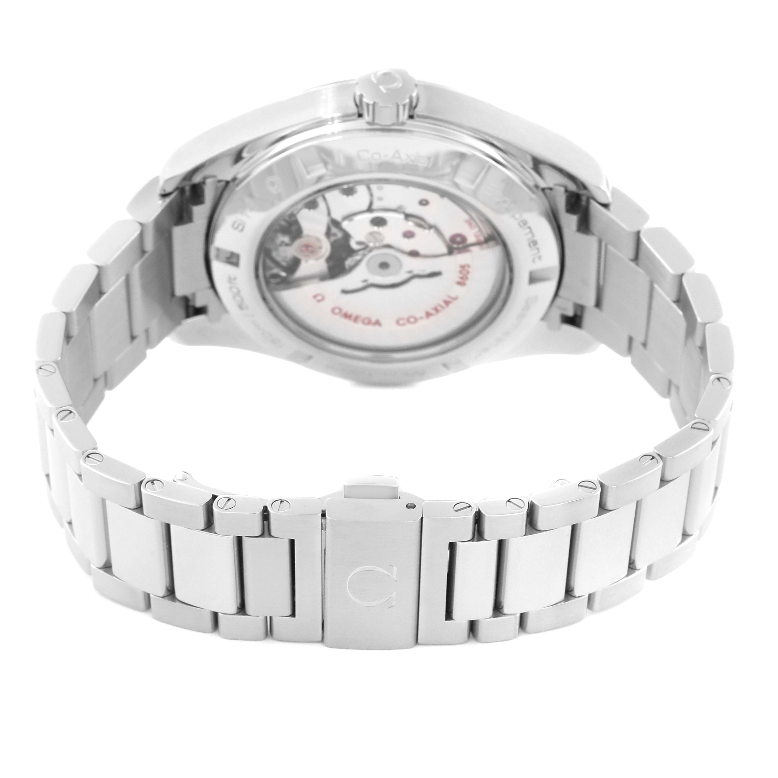 The image shows the case back and bracelet of an Omega Aqua Terra 231.10.43.22.03.001 Men
s Stainless Steel Blue Dial 231.10.43.22.03.001 Men
s Stainless Steel Blue Dial watch from a rear angle.