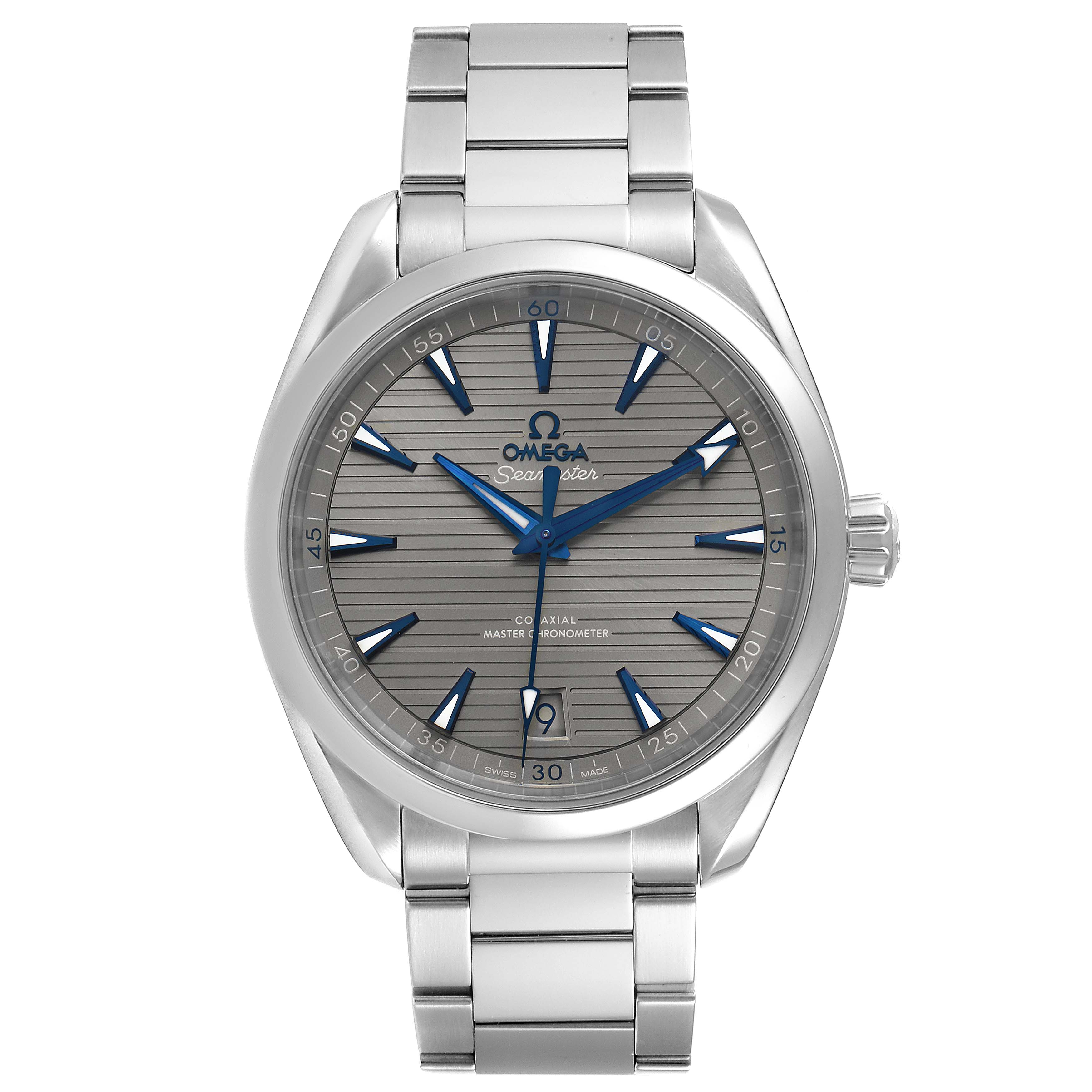 The image shows a front view of an Omega Aqua Terra 220.10.41.21.06.001 Men
s Stainless Steel Grey Dial 220.10.41.21.06.001 Men
s Stainless Steel Grey Dial watch, displaying the dial, bracelet, and crown.