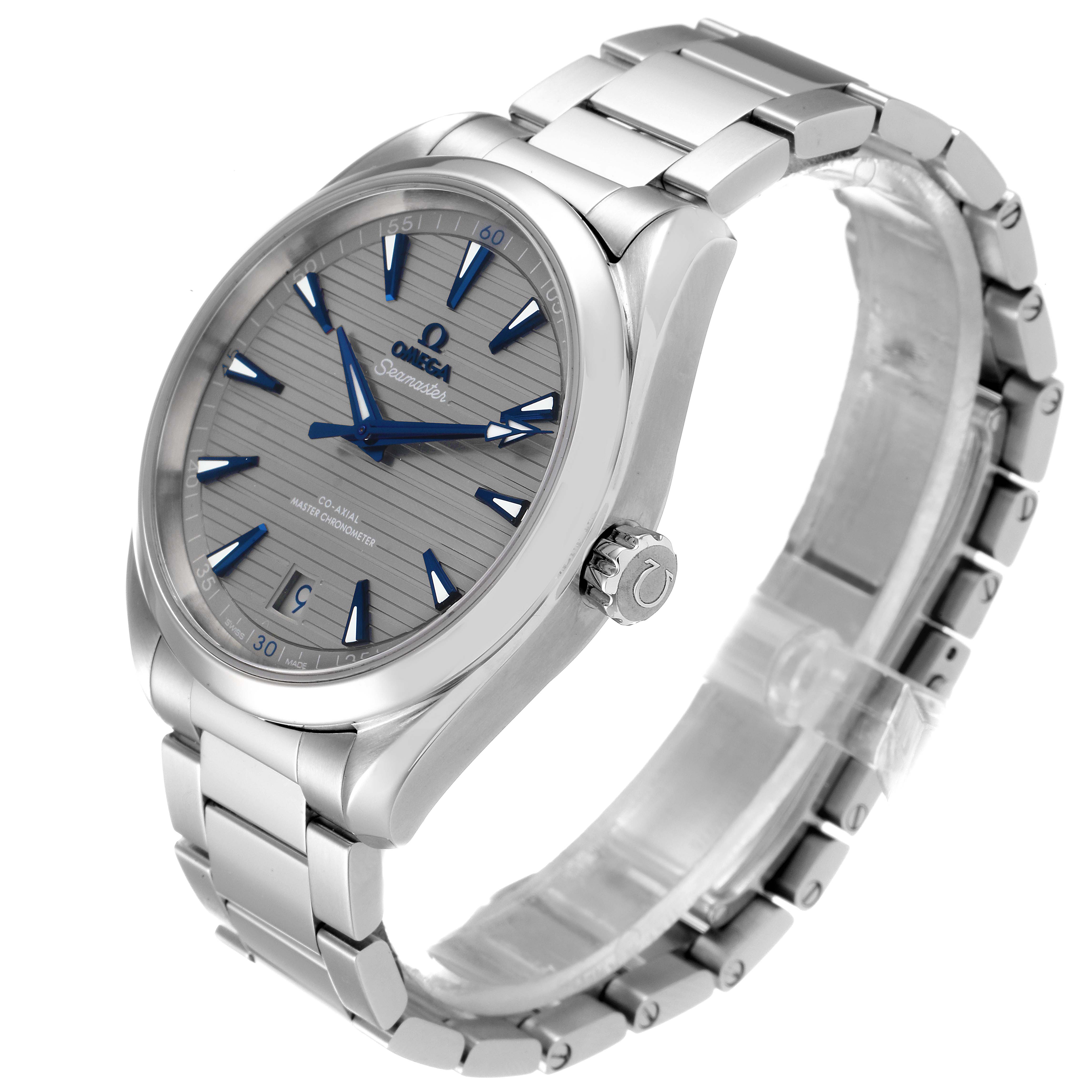 The image shows an Omega Aqua Terra 220.10.41.21.06.001 Men
s Stainless Steel Grey Dial 220.10.41.21.06.001 Men
s Stainless Steel Grey Dial watch at a three-quarter angle, highlighting its dial, bezel, crown, and metal bracelet.