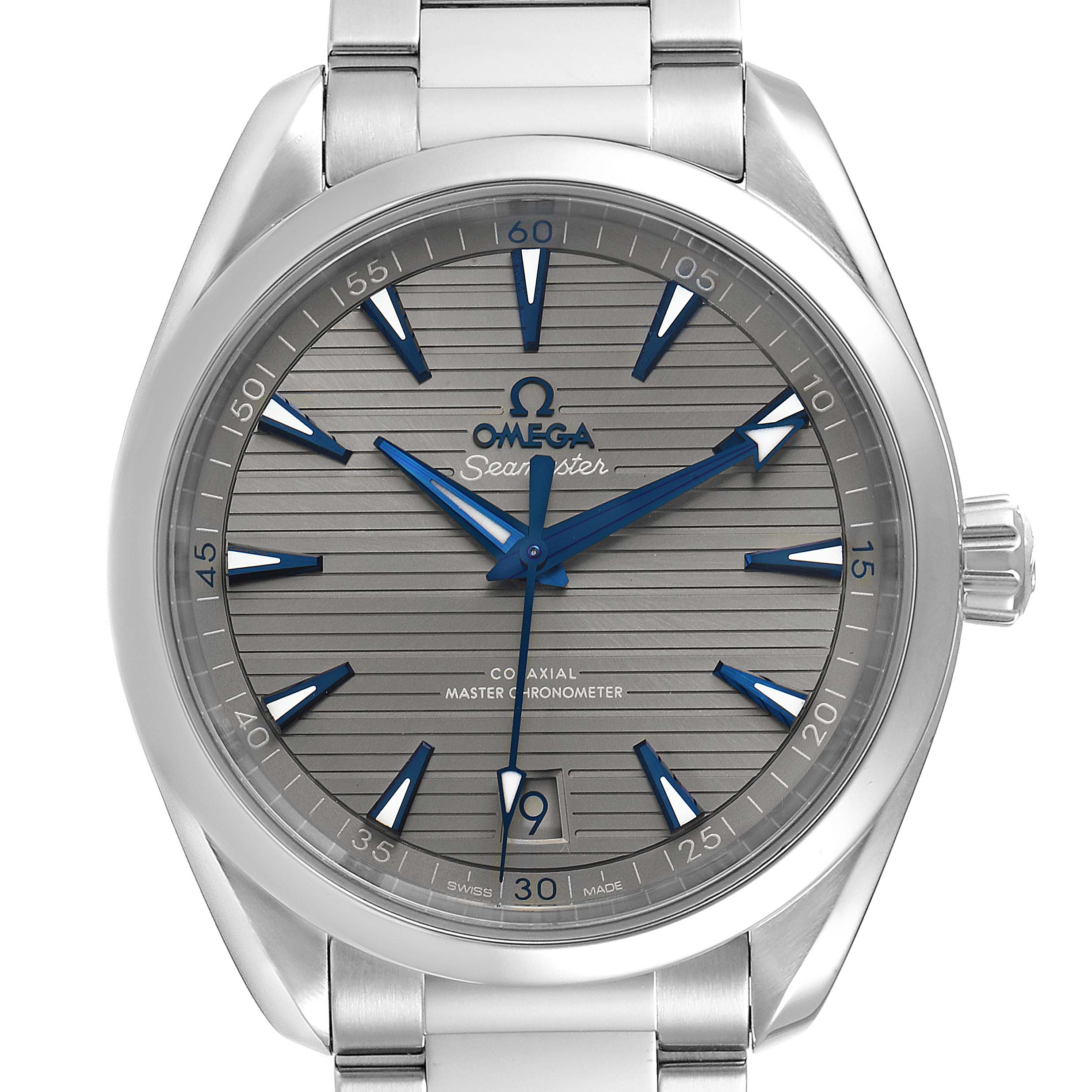 The image shows a front view of the Omega Aqua Terra 220.10.41.21.06.001 Men
s Stainless Steel Grey Dial 220.10.41.21.06.001 Men
s Stainless Steel Grey Dial watch, with the dial, hands, date window, and bracelet visible.