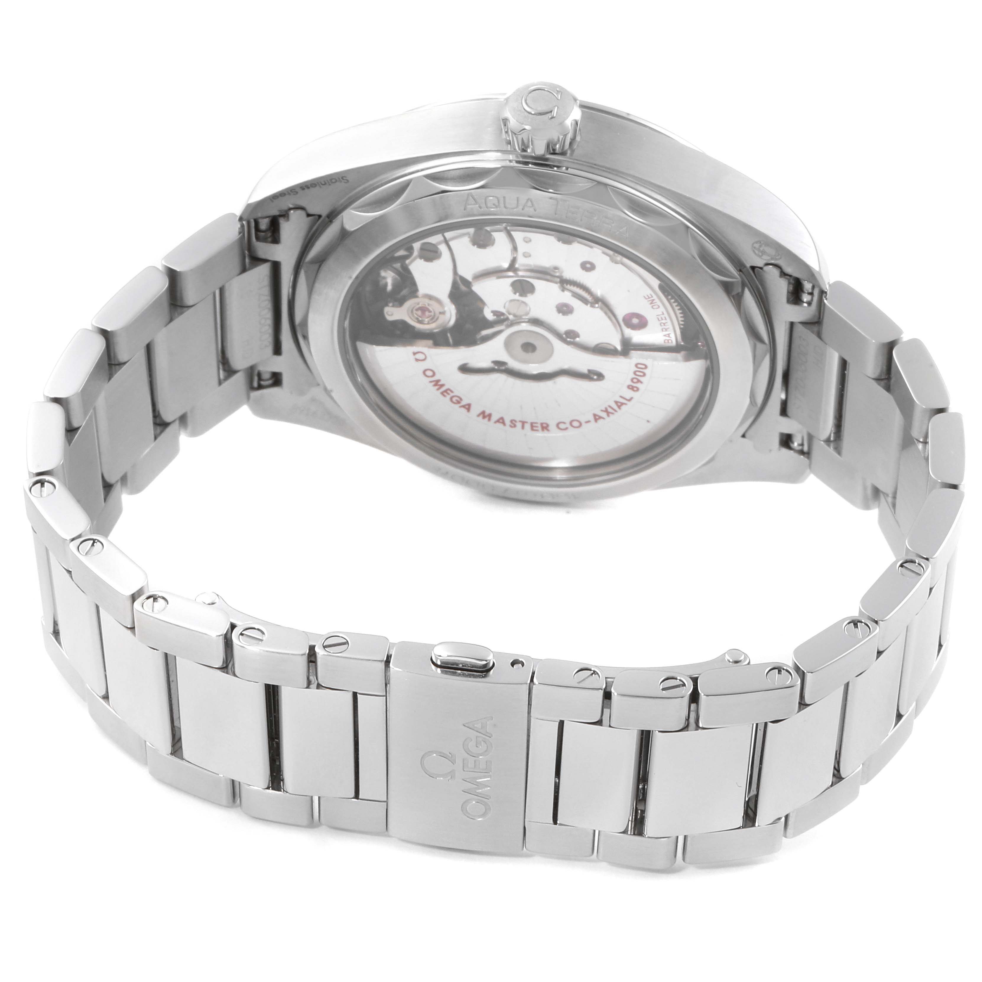 The image shows the back of the Omega Aqua Terra 220.10.41.21.06.001 Men
s Stainless Steel Grey Dial 220.10.41.21.06.001 Men
s Stainless Steel Grey Dial watch, featuring the movement mechanism and metal bracelet.