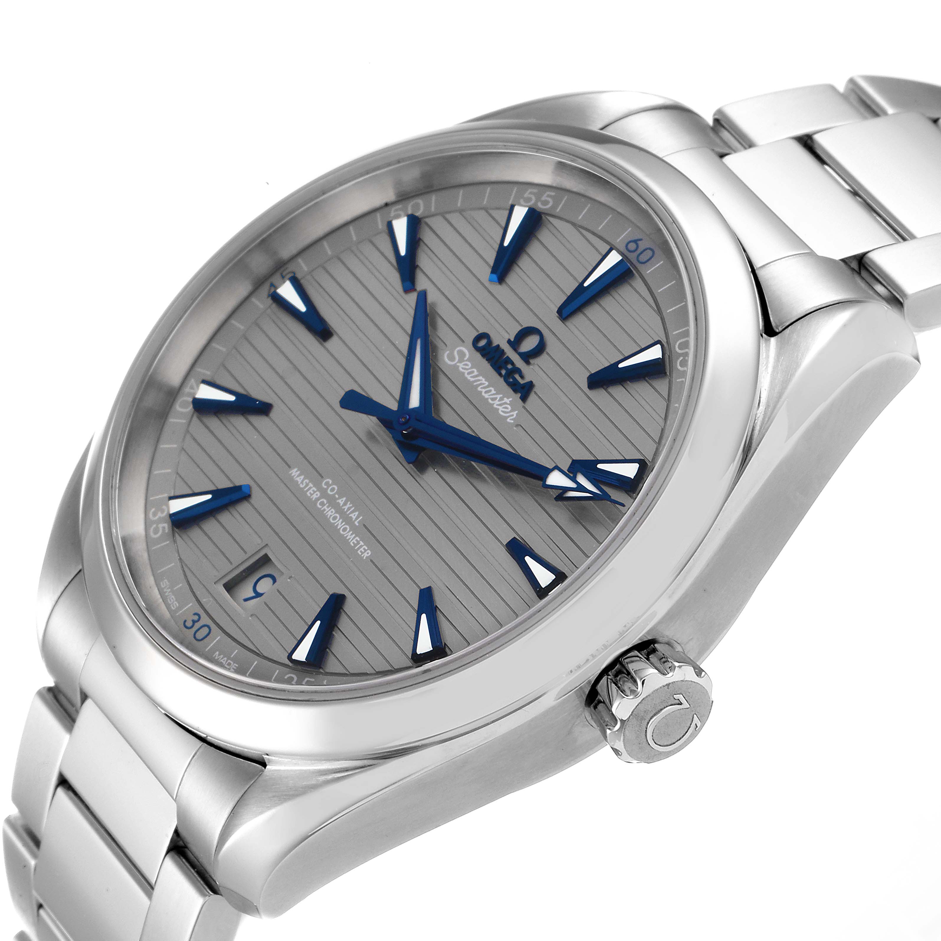 The image shows an Omega Aqua Terra 220.10.41.21.06.001 Men
s Stainless Steel Grey Dial 220.10.41.21.06.001 Men
s Stainless Steel Grey Dial watch at a slight angle, highlighting the dial, crown, and part of the bracelet.