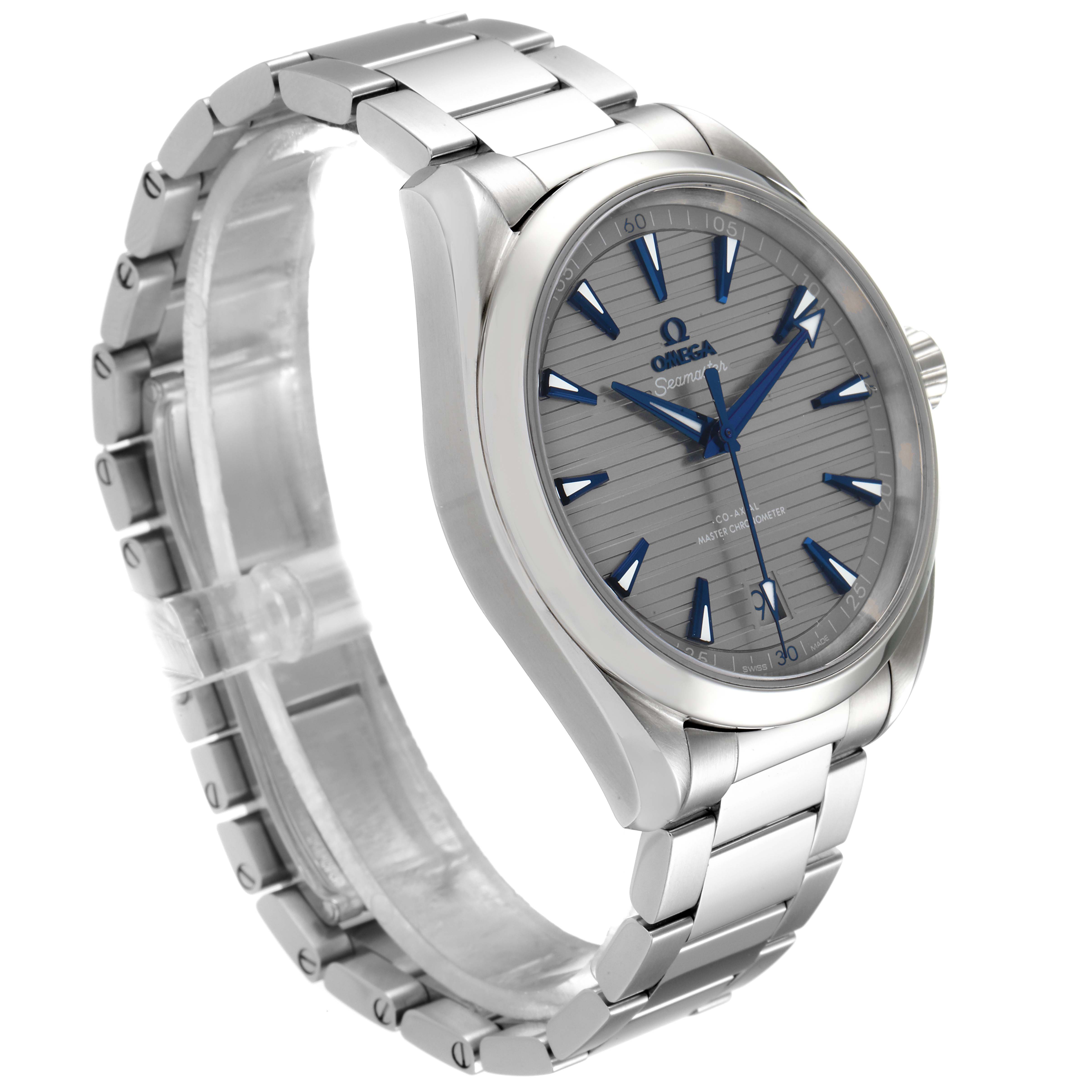 The image shows a side angle of the Omega Aqua Terra 220.10.41.21.06.001 Men
s Stainless Steel Grey Dial 220.10.41.21.06.001 Men
s Stainless Steel Grey Dial watch, displaying its stainless steel bracelet and dial.