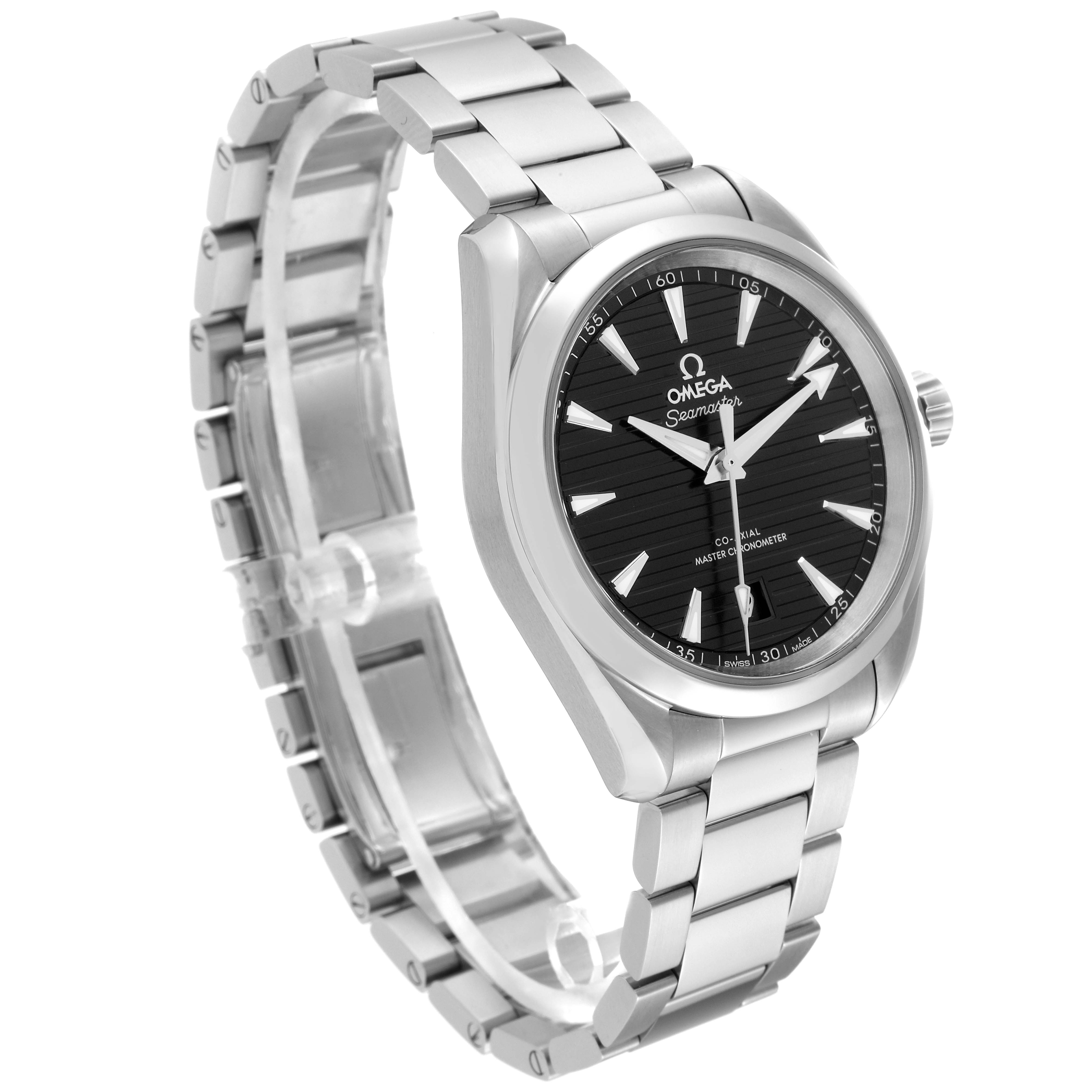 The image shows an angled view of the Omega Aqua Terra 220.10.38.20.01.001 Men's Stainless Steel Black Dial 220.10.38.20.01.001 Men's Stainless Steel Black Dial watch, highlighting the black dial, silver case, and stainless steel bracelet.